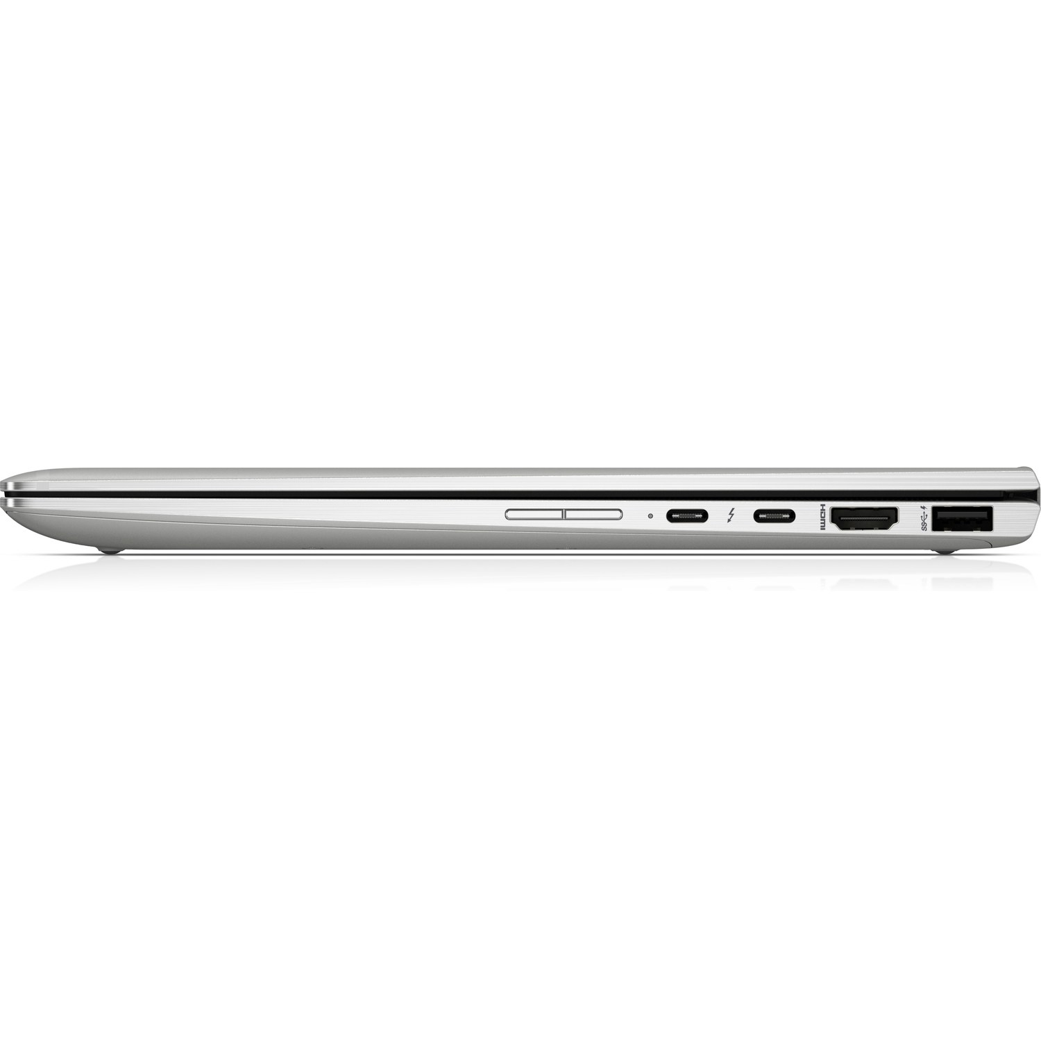 Seitenansicht eines silbernen Laptops. Anschlüsse sind sichtbar.