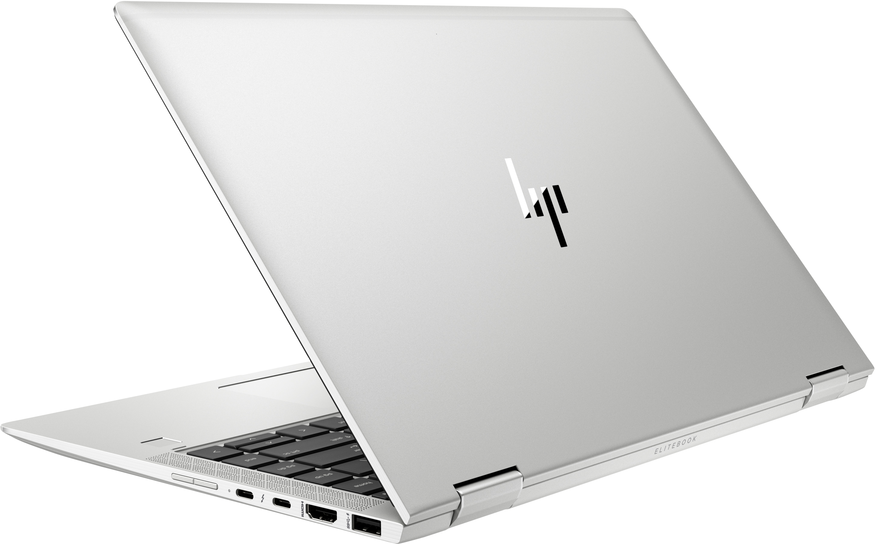 Silberner Laptop mit offenem Deckel, der die Tastatur und das HP-Logo oben zeigt.