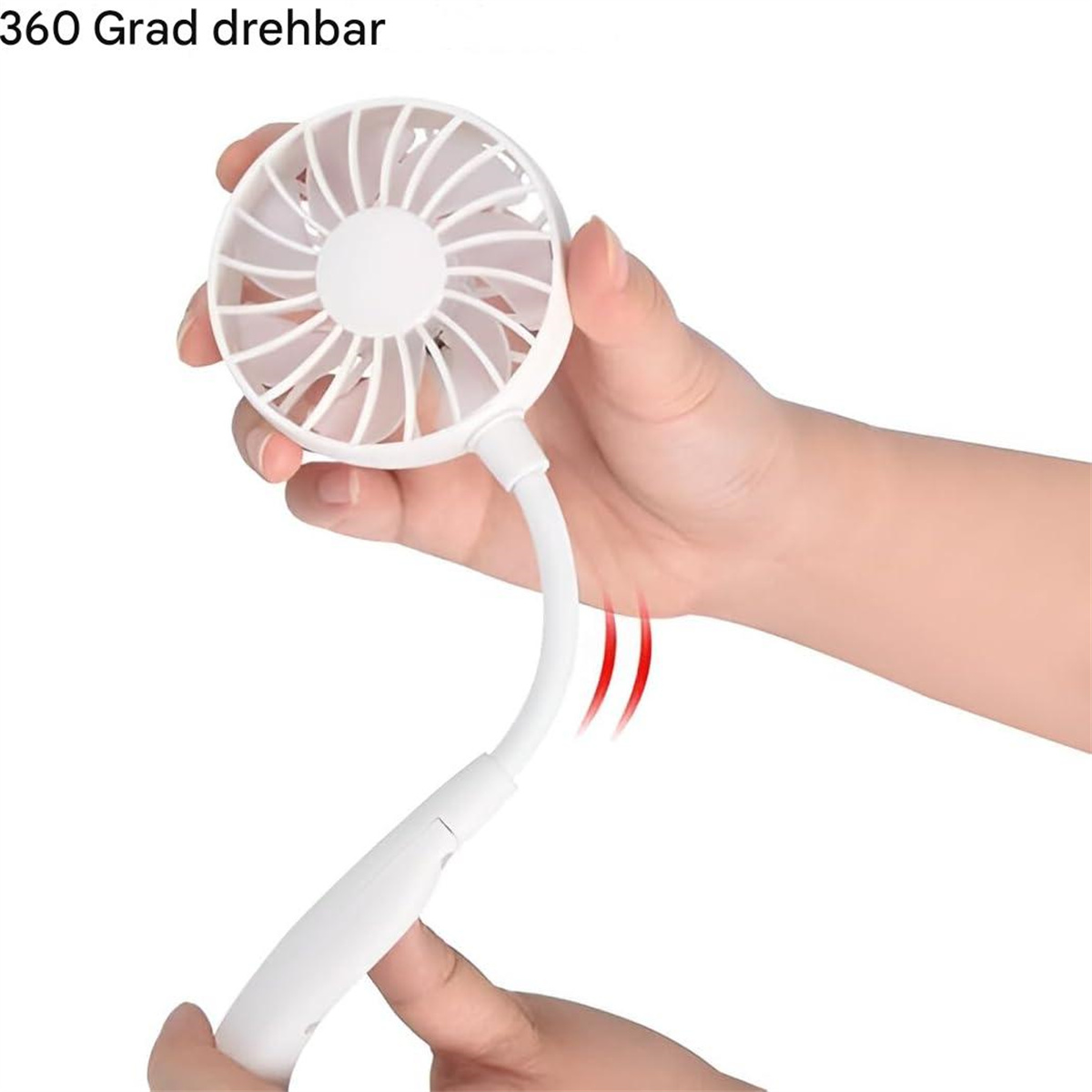 Ein weißer tragbarer Ventilator mit flexiblem Hals. Der Ventilator wird in Händen gehalten.