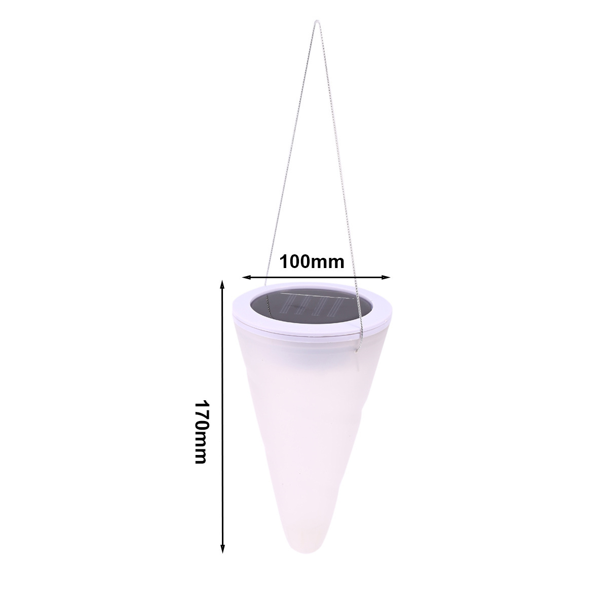 Weiße hängende Solarlampe. Konische Form mit Maßen gezeigt.