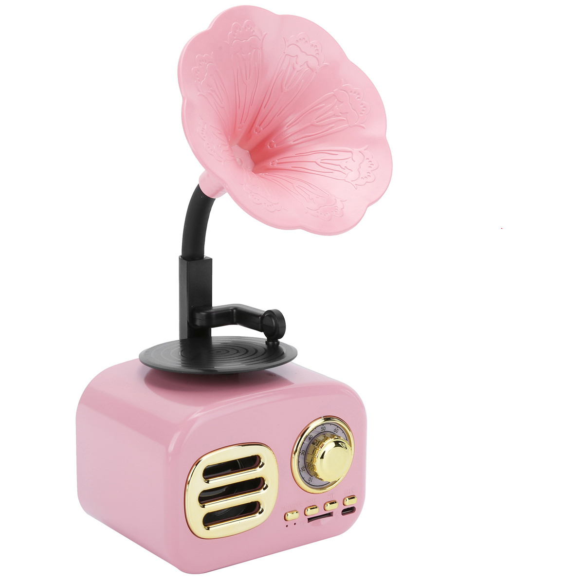 Rosa Retro-Radio mit rosa Horn. Es hat ein goldenes Zifferblatt und Knöpfe.