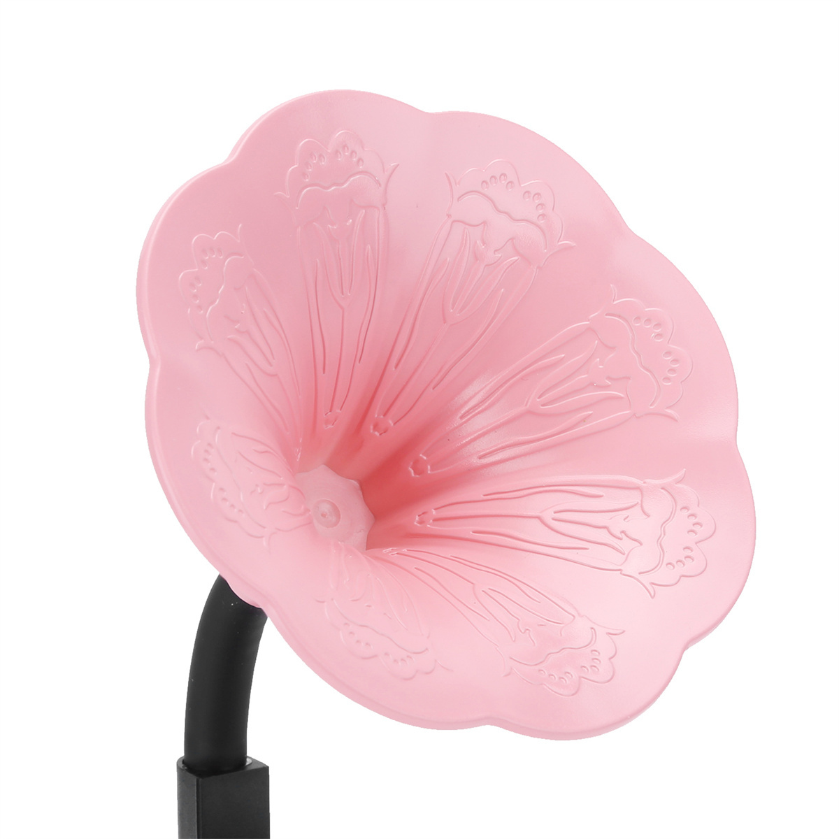 Ein rosa blütenförmiger Telefonhalter mit einem schwarzen, flexiblen Stiel.