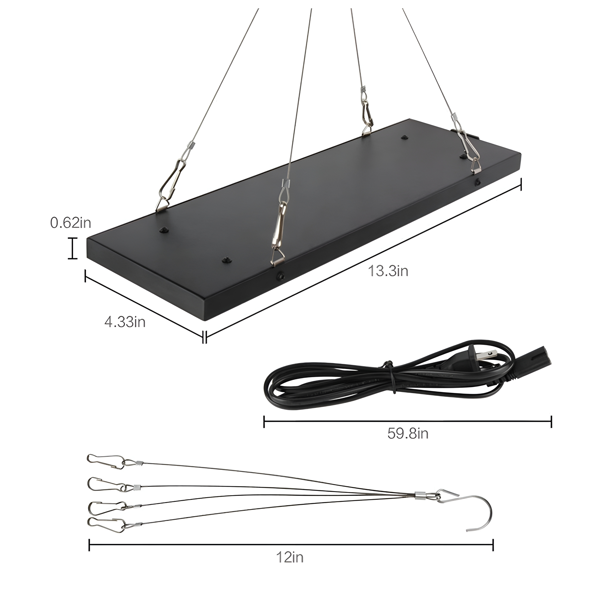 Schwarzes LED-Licht mit Abmessungen. Inklusive Aufhängedrähten und USB-Kabel.