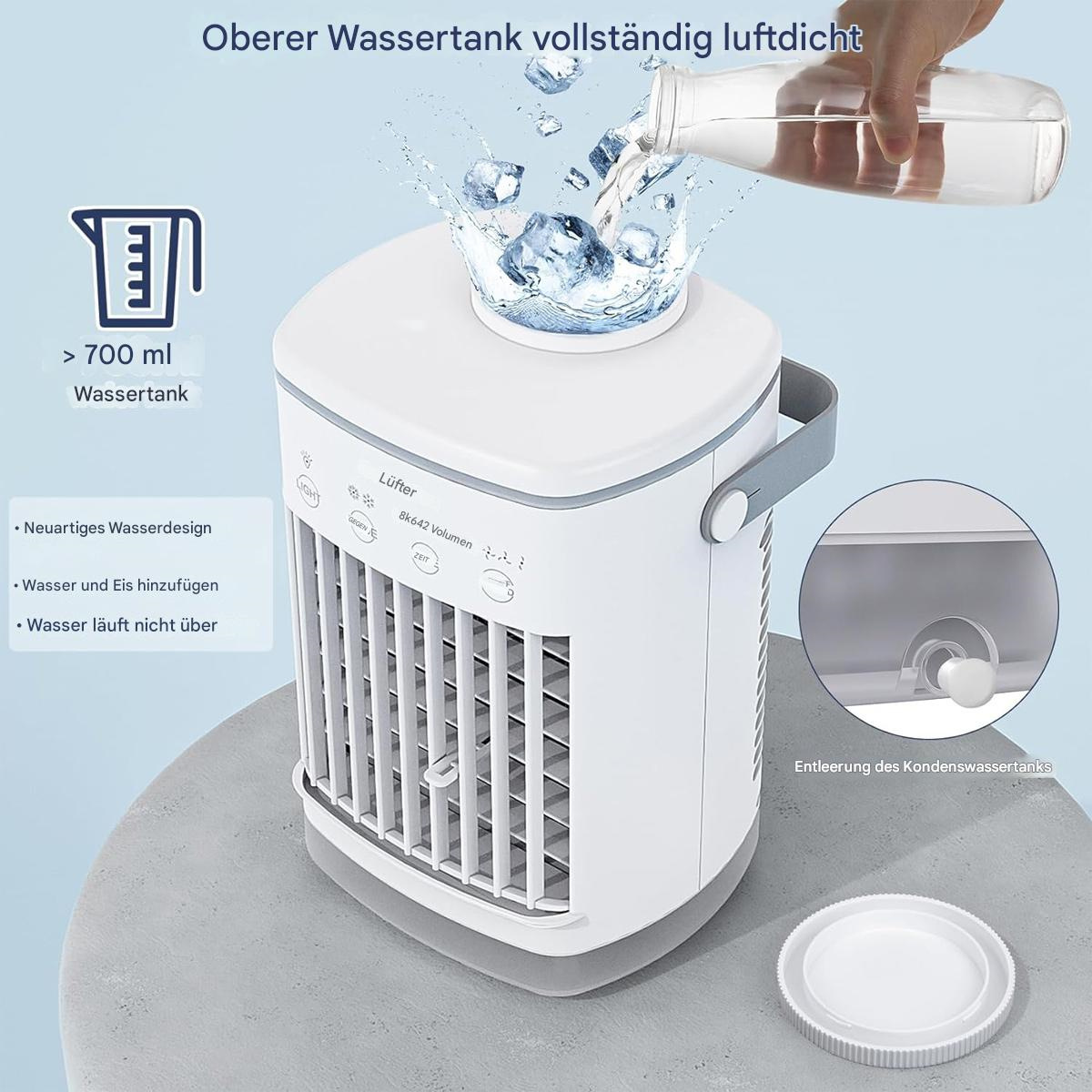 Weißer Luftkühler mit Wassertank, Eiswürfeln und Wasser, das hineingegossen wird, mit Text und Deckel.