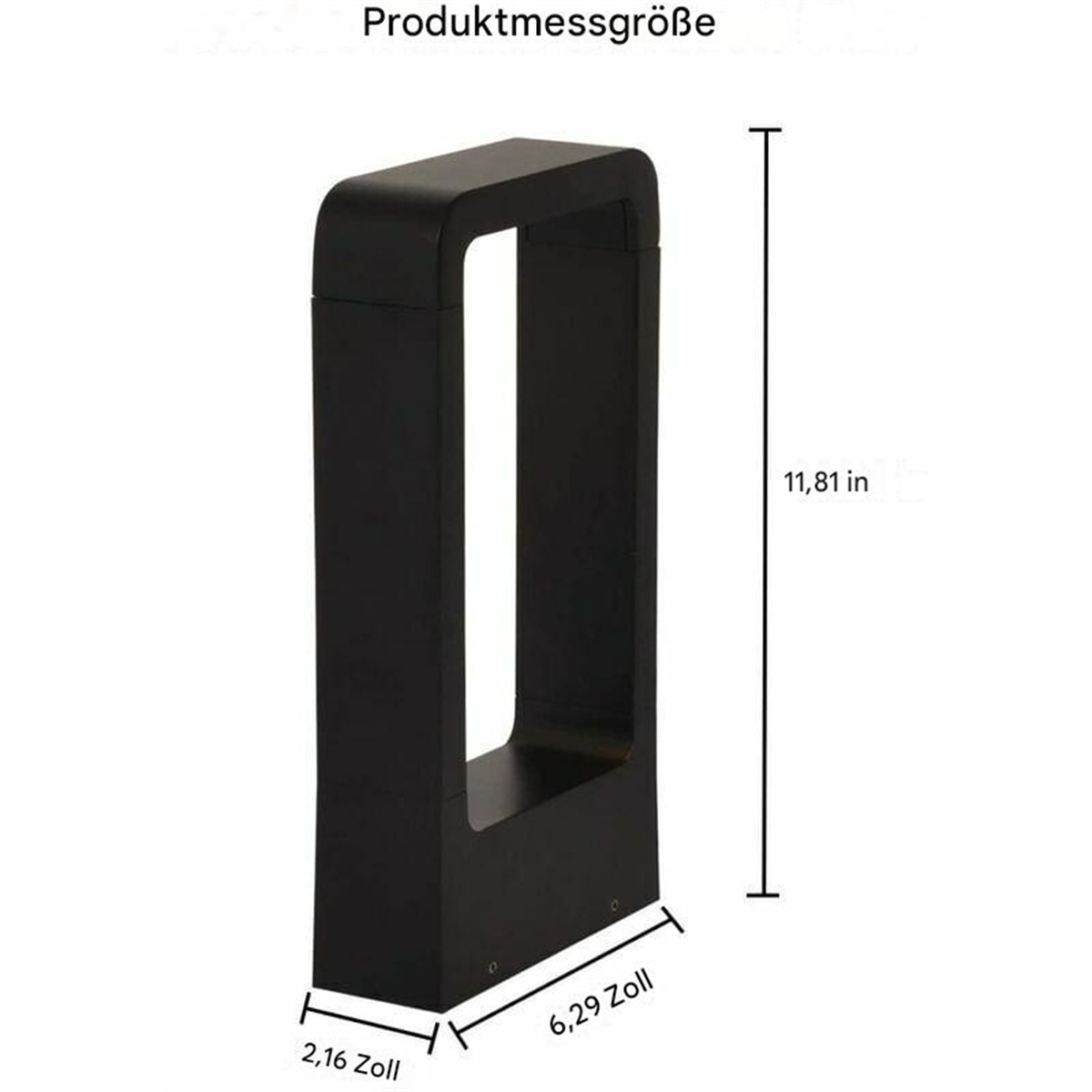 Schwarze Außenleuchte, mit Abmessungen in Zoll.