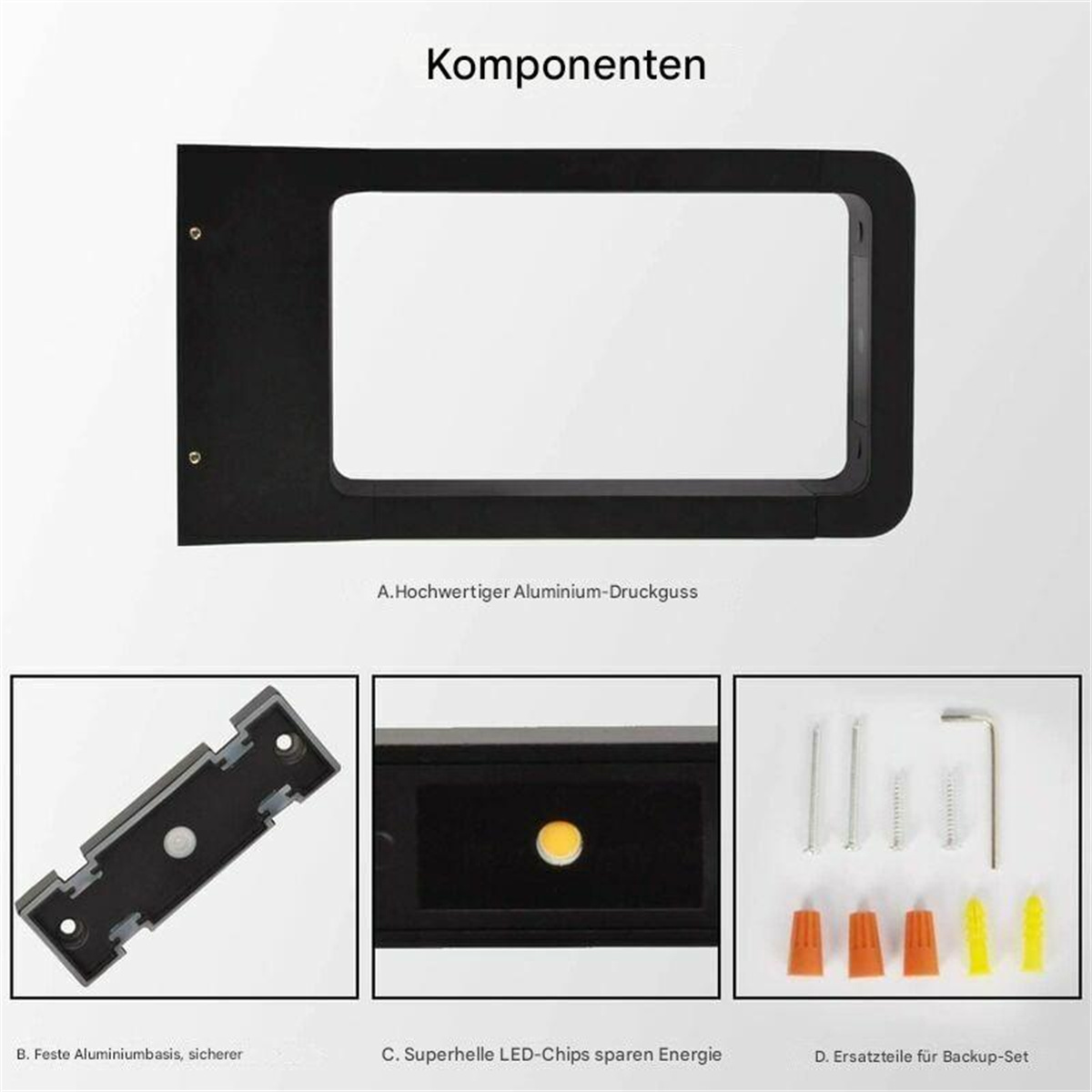 Diagramm mit LED-Komponenten. Aluminiumrahmen, LED-Chips und Ersatzteile enthalten.