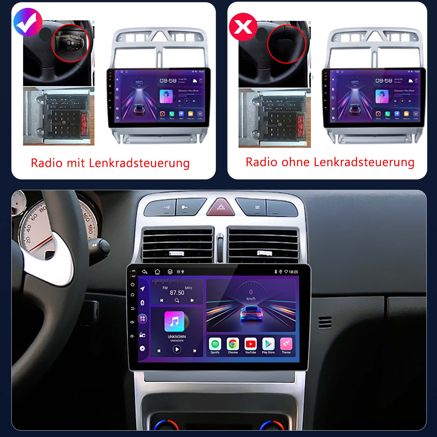 Autoradio mit/ohne Lenkradsteuerung. Radiobildschirm zeigt Uhrzeit und Autostatus.