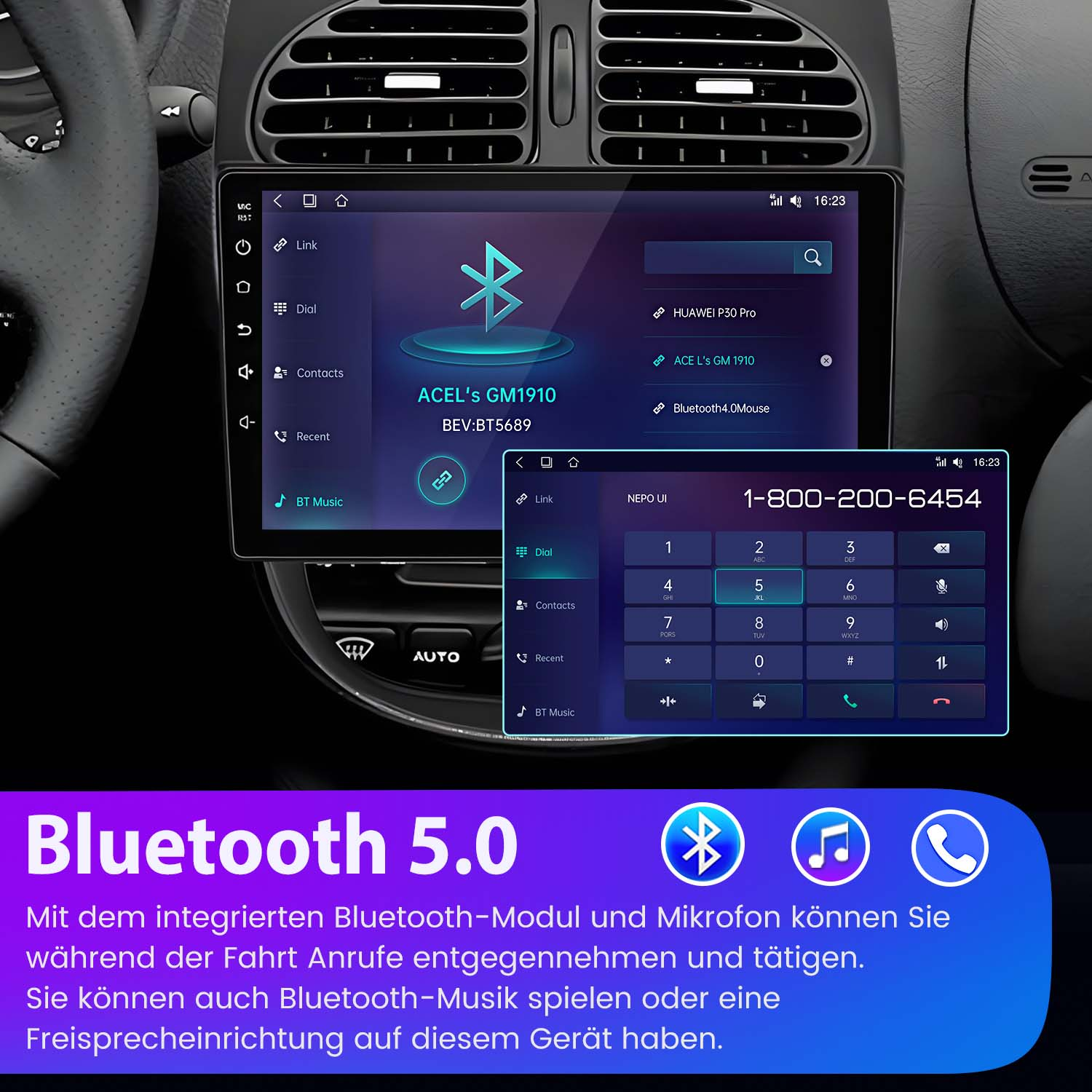 Ekran audio w samochodzie wyświetlający klawiaturę numeryczną i ustawienia Bluetooth. Białe tło.