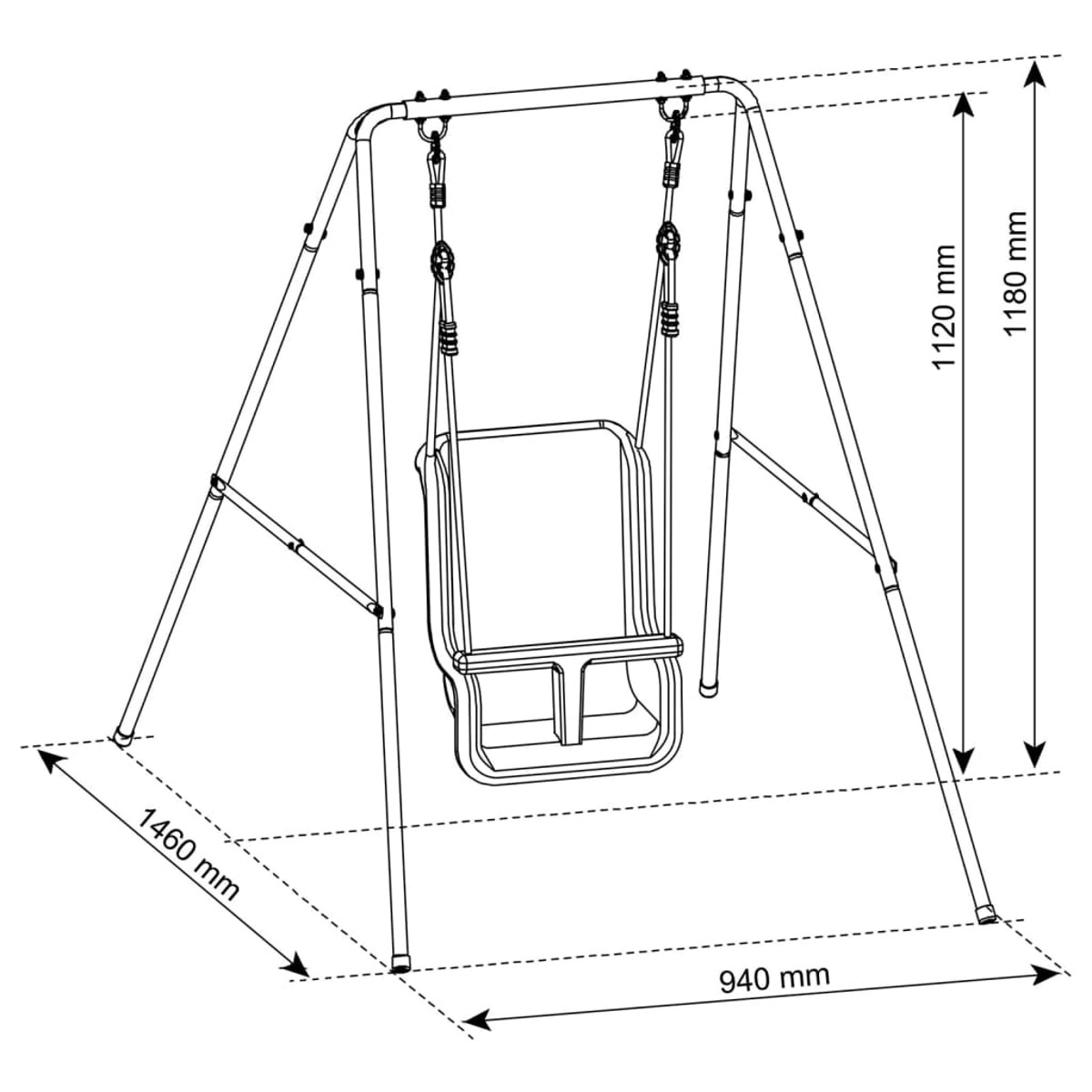 Ein Metall-Schaukelgestell mit den Abmessungen: 1460 mm Breite, 1180 mm Höhe und 940 mm Tiefe.