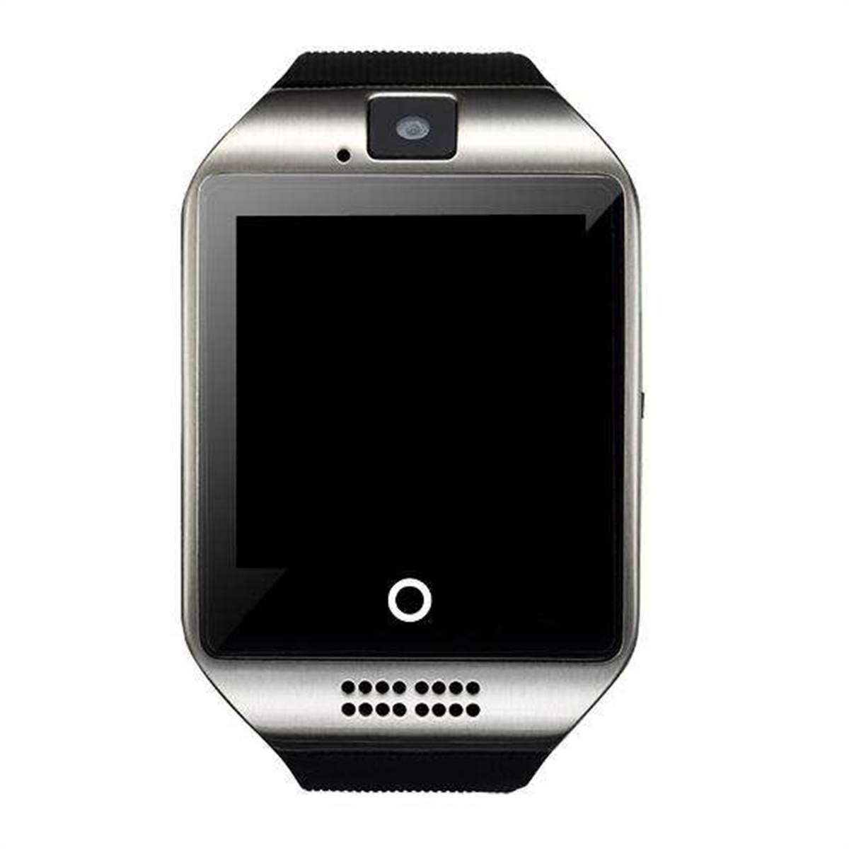 Smartwatch, ein schwarzes Rechteck mit schwarzem Bildschirm und Knopf. Schwarzes Armband.