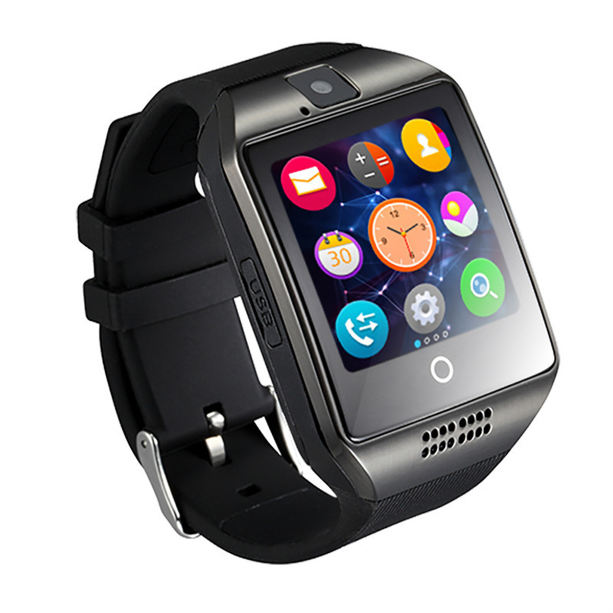 Schwarze Smartwatch mit Touchscreen, der Symbole anzeigt. Schwarzes Armband und Gehäuse.