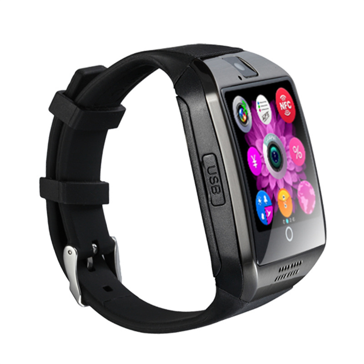 Schwarze Smartwatch mit schwarzem Armband, mit Kamera und farbenfrohem Display.