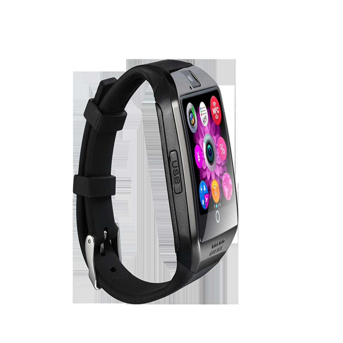 Schwarze Smartwatch mit gewölbtem Bildschirm mit bunten Symbolen, an schwarzem Armband, isoliert auf Weiß.