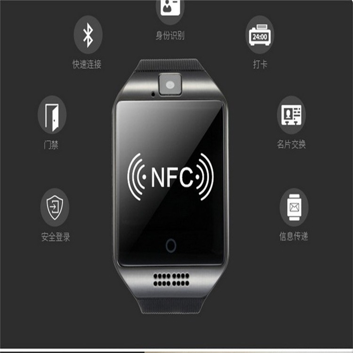 Smartwatch mit NFC und Symbolen auf dem Display.