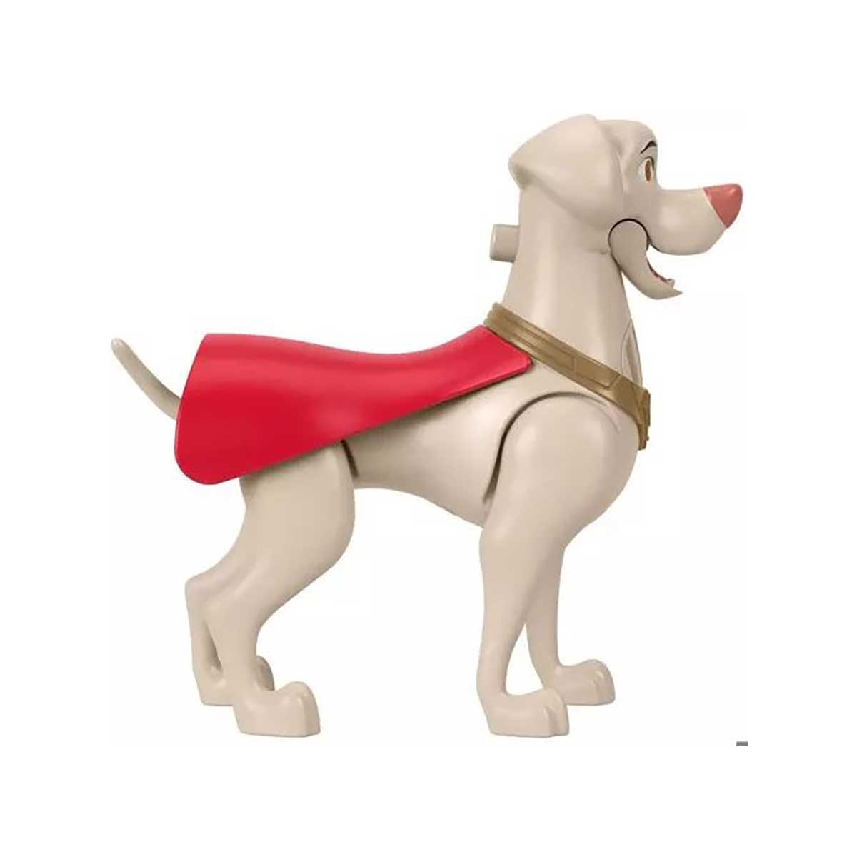 Biała zabawka dla psa z czerwoną peleryną i złotym kołnierzem, stojąca na czterech łapach.