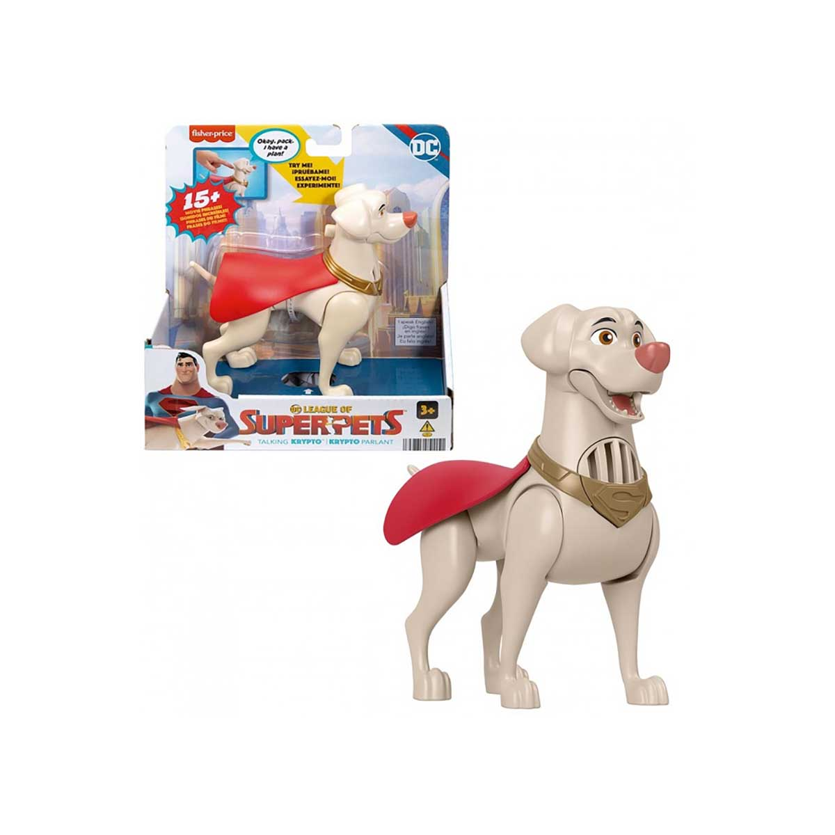 Krypto, biała zabawka dla psa z czerwoną peleryną i logo DC na pudełku.