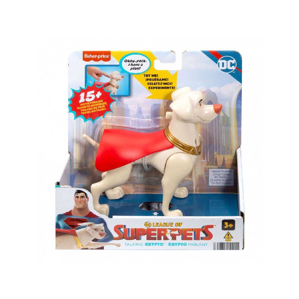 Zabawka Krypto Superpies w opakowaniu. Pokazuje Krypto w czerwonej pelerynie i Supermana w tle.