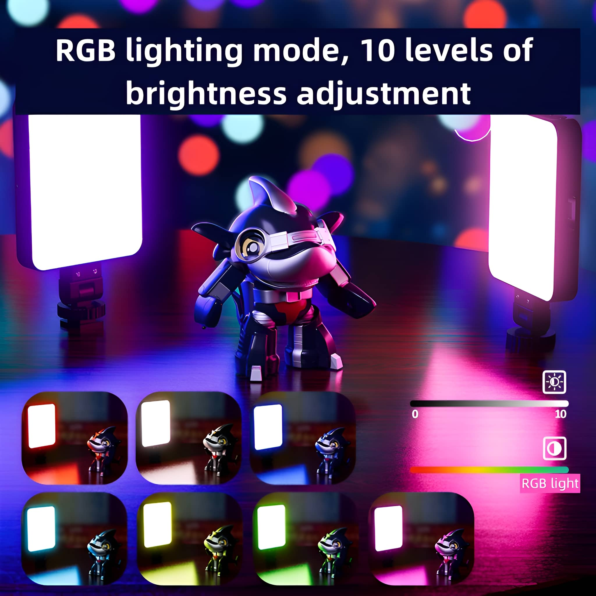 RGB-Beleuchtungsmodus mit 10 Helligkeitsstufen. Ein Roboter und Lichtpaneele. Dunkler Hintergrund.