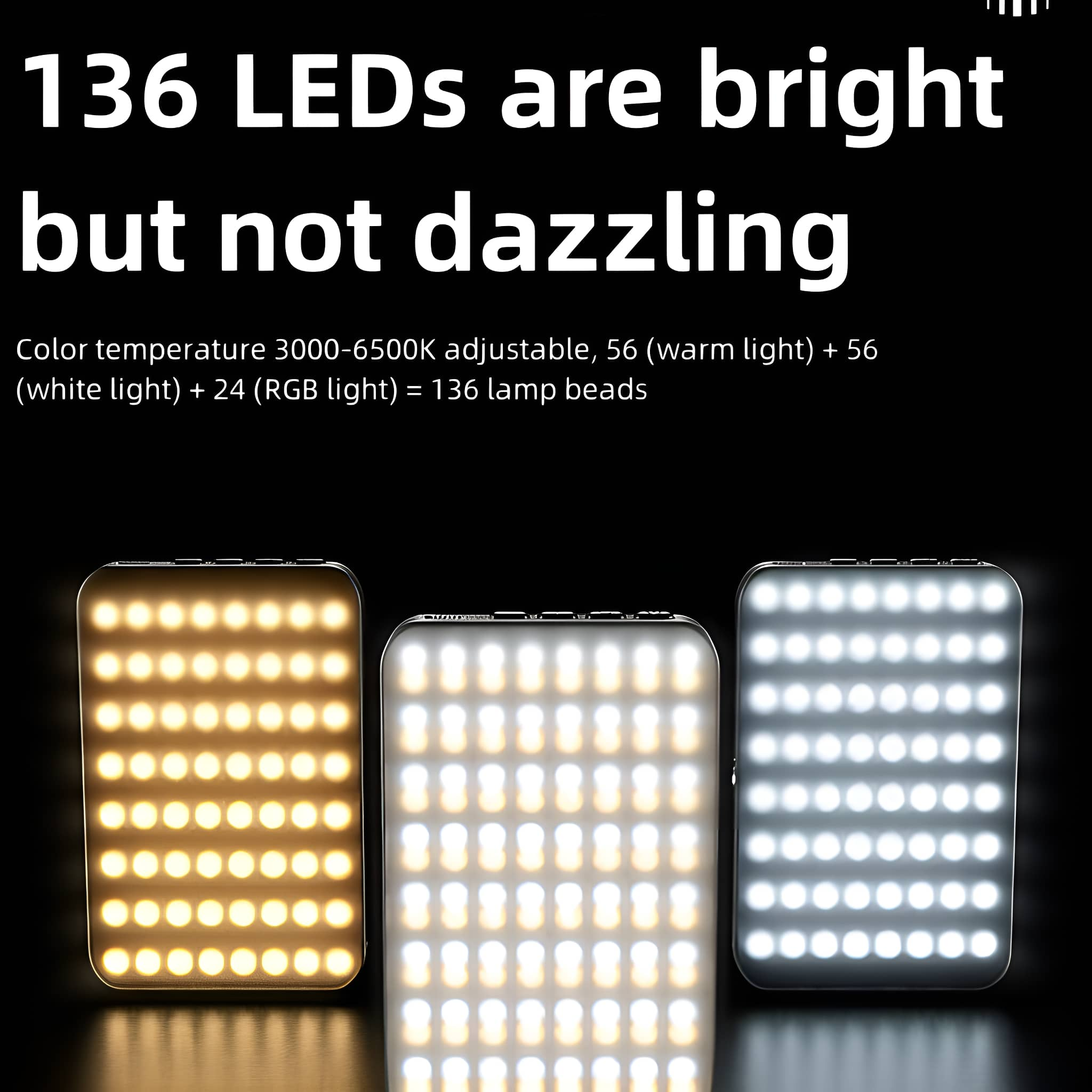 Drei rechteckige LED-Leuchten. Jede zeigt eine andere Farbtemperatur: warm, weiß und weiß-blau.