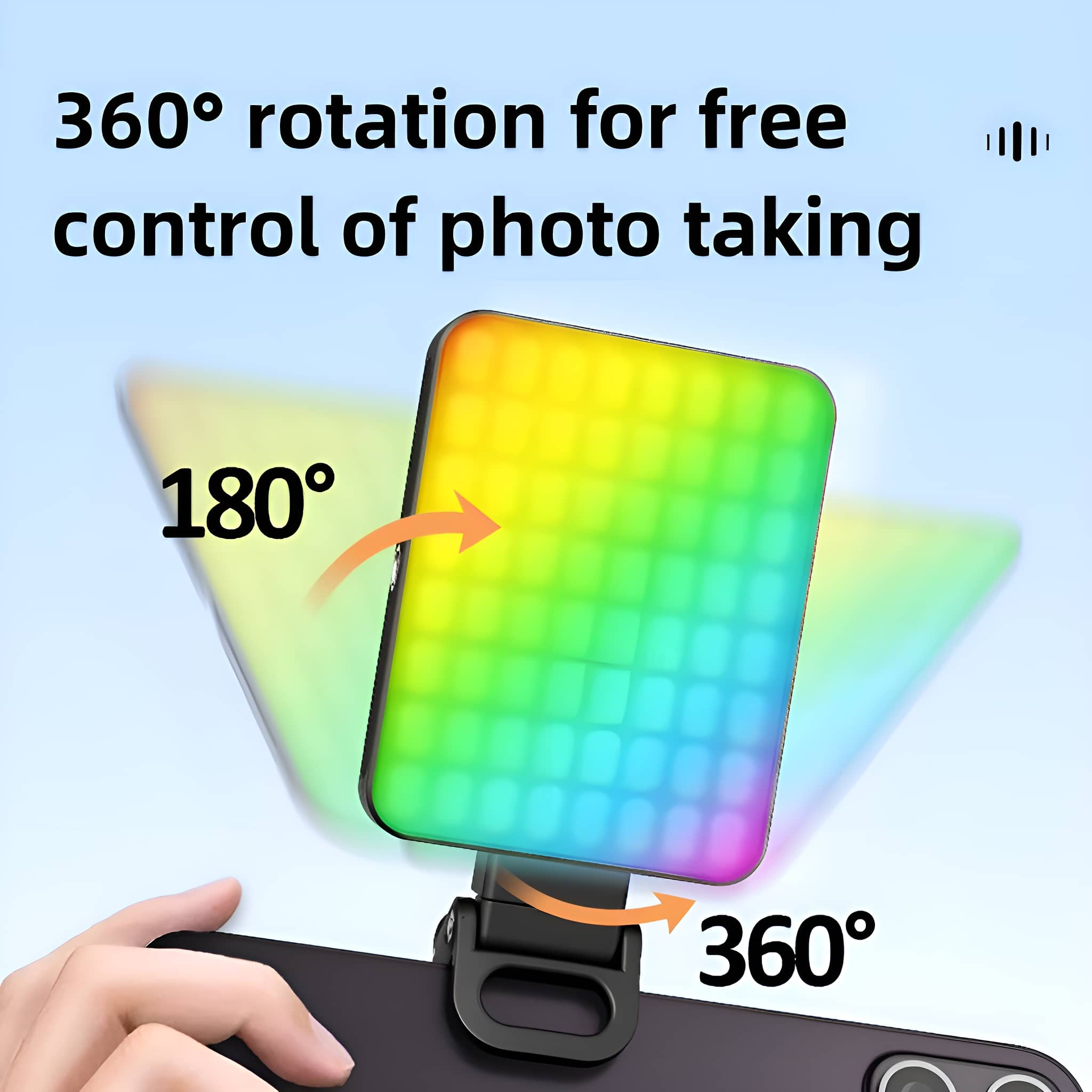 Ein farbenfrohes LED-Licht, das an einem schwarzen Telefon befestigt ist, zeigt Drehwinkel vor verschwommenem Hintergrund.