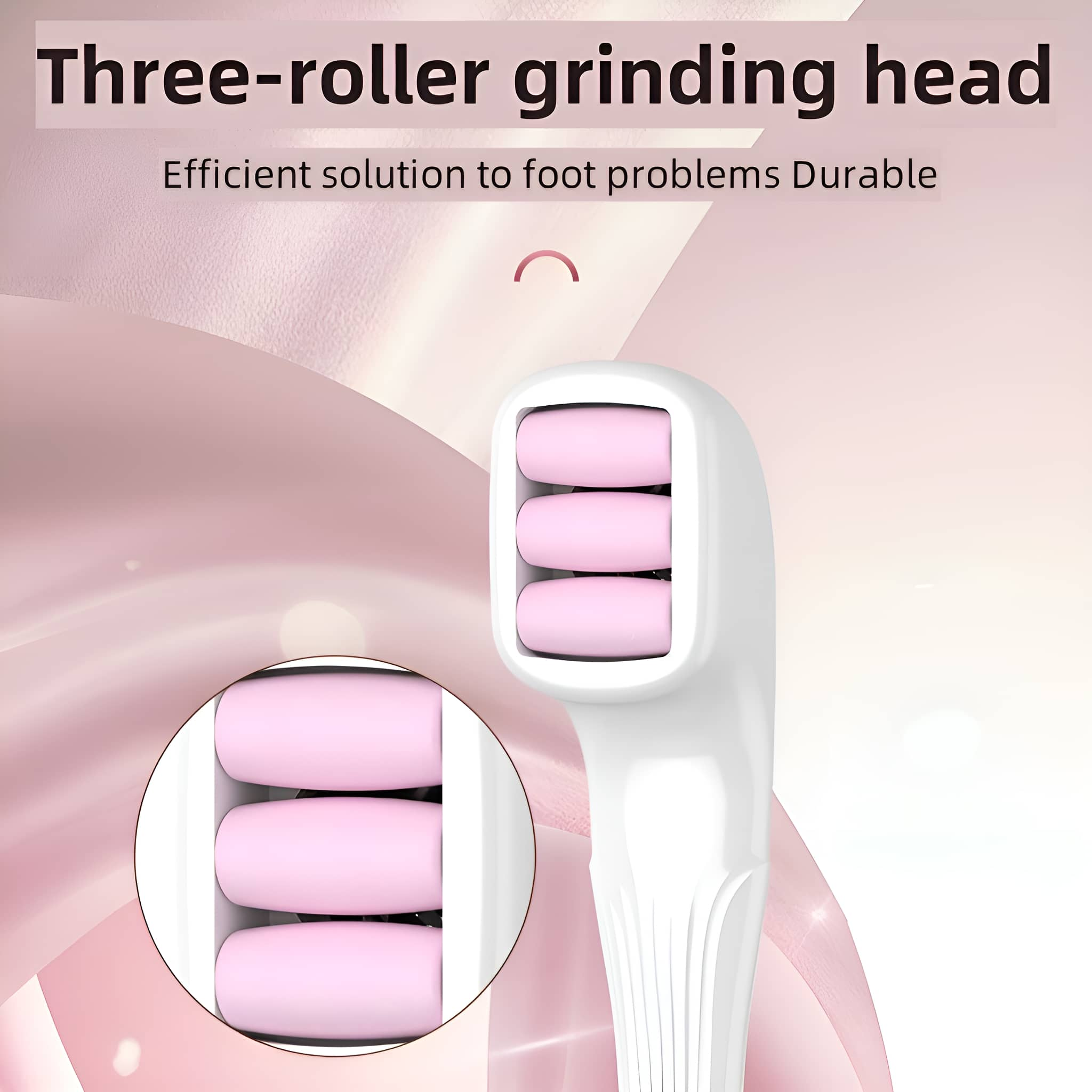 Weißes Gerät mit drei rosa Rollen. Das Gerät ist weiß mit rosa Hintergrund.