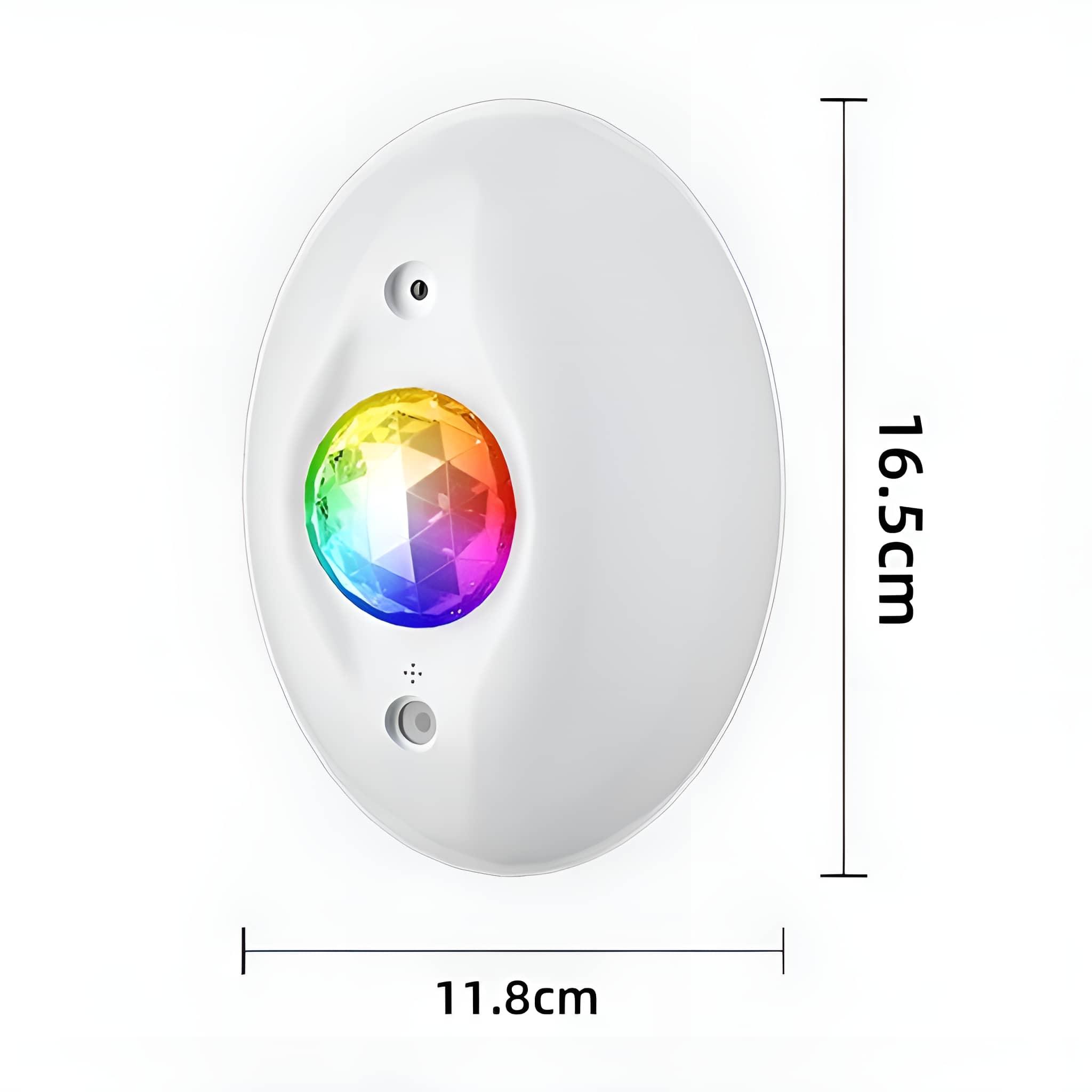 Weißes, oval geformtes Licht mit einem bunten, regenbogenartigen Licht in der Mitte.
