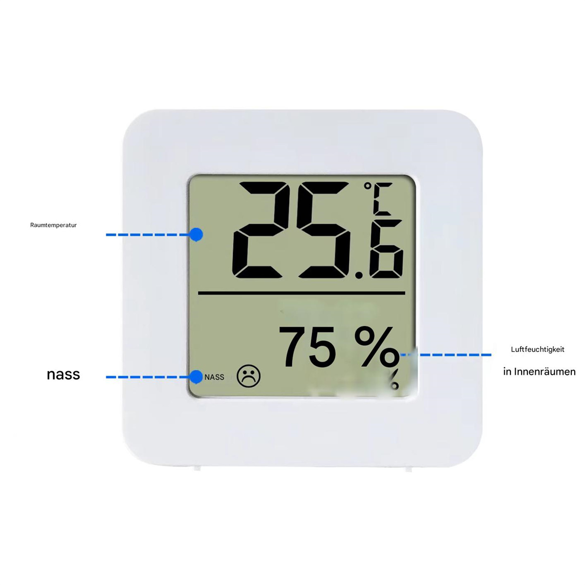Digitales Thermometer mit 25,6 Grad Celsius, 75 % Luftfeuchtigkeit und einem traurigen Gesichtssymbol.