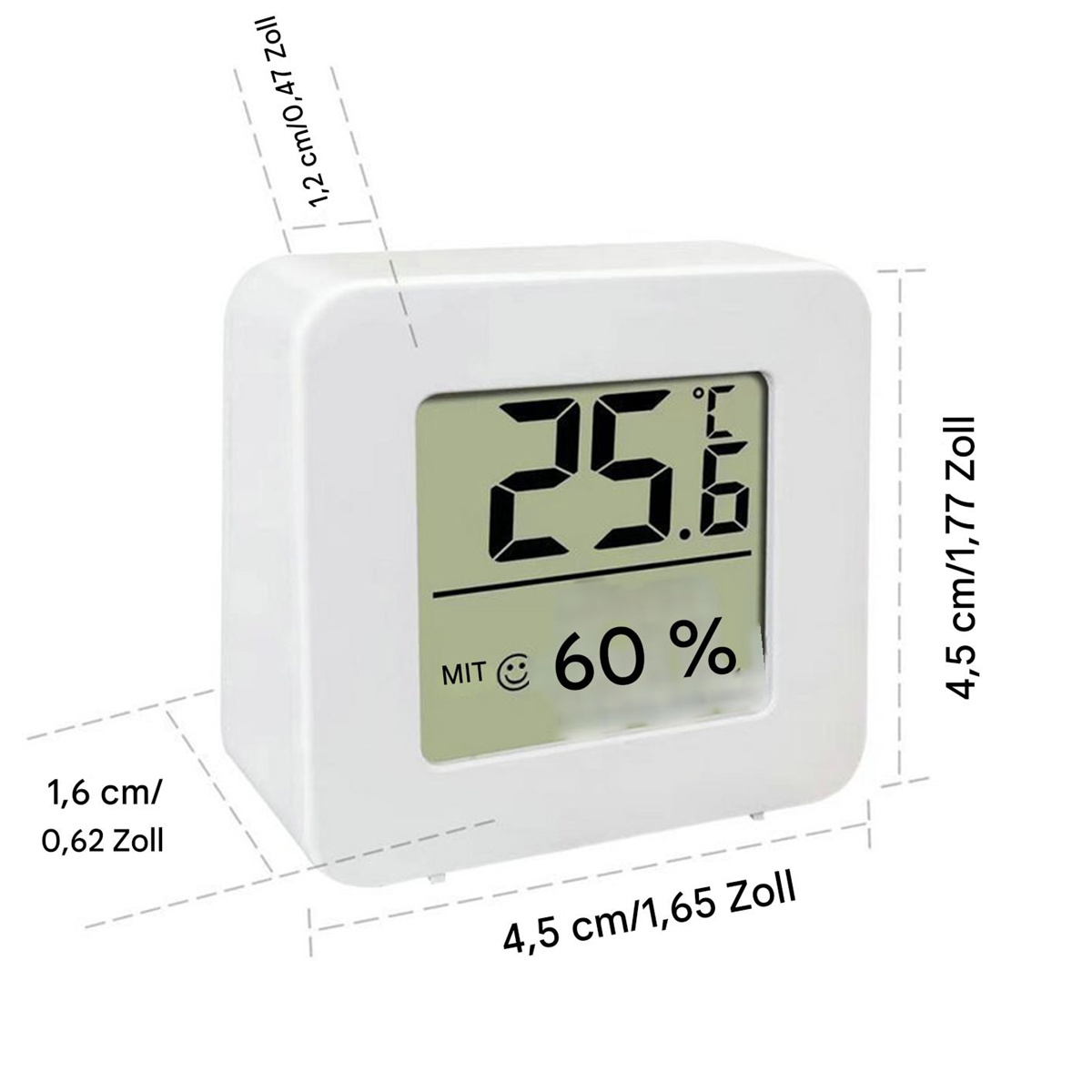 Ein weißes quadratisches Digitalthermometer zeigt 25,6 Grad mit 60 % Luftfeuchtigkeit an.