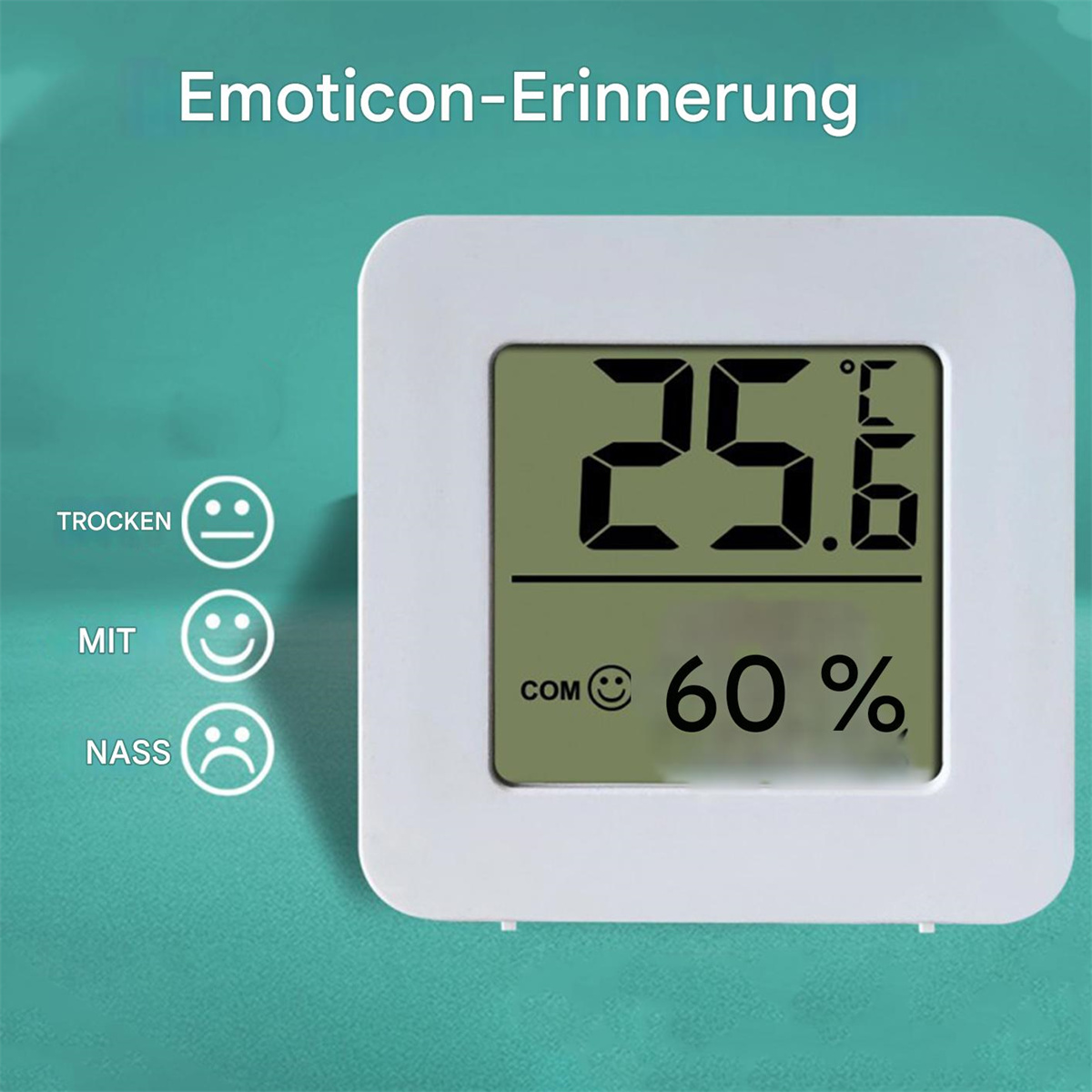 Weißes Digitaldisplay mit Temperatur und Luftfeuchtigkeit, mit Emoticons für die Stimmung.