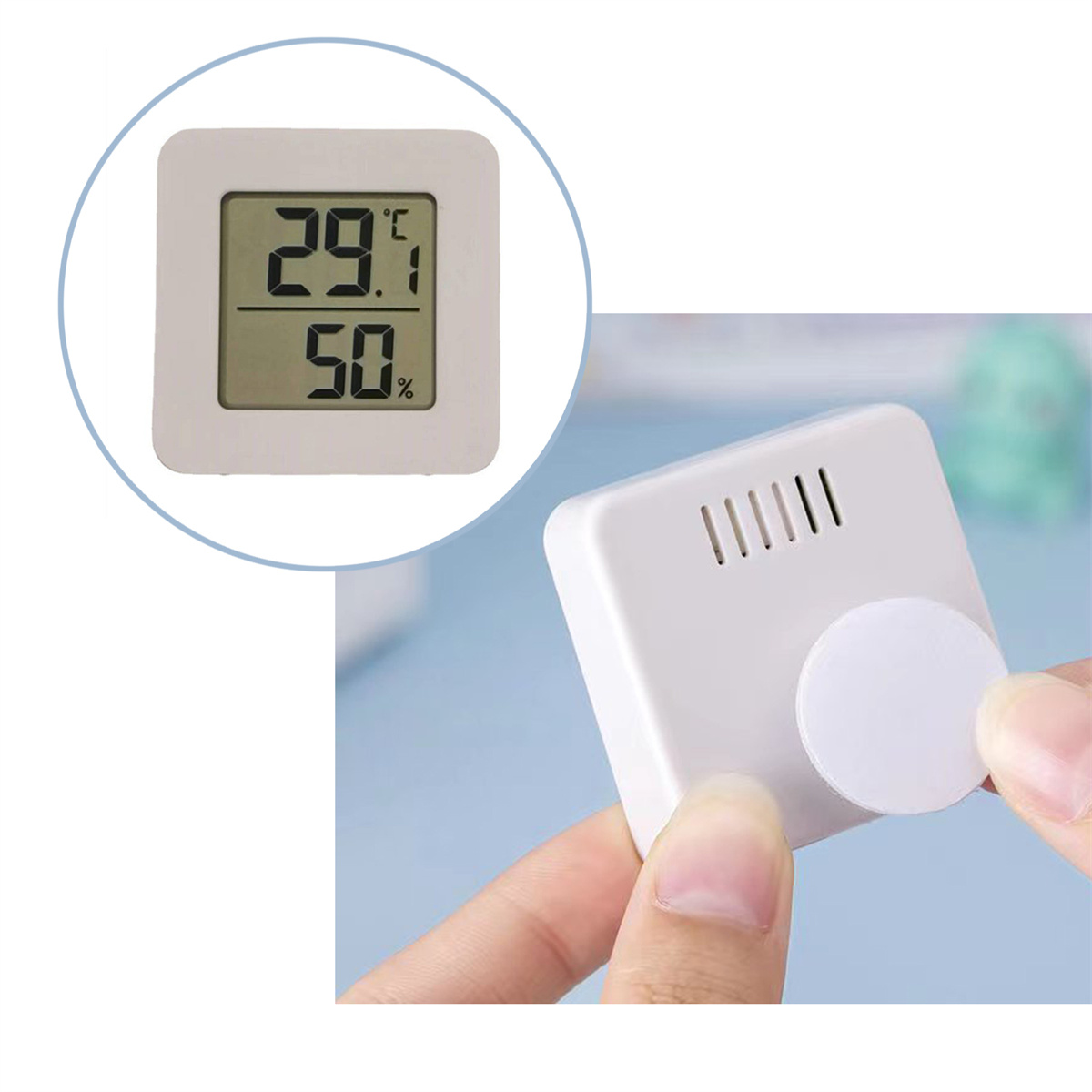 Weißes digitales Thermometer mit Temperatur- und Feuchtigkeitsanzeige. Eine Person hält die Rückseite.