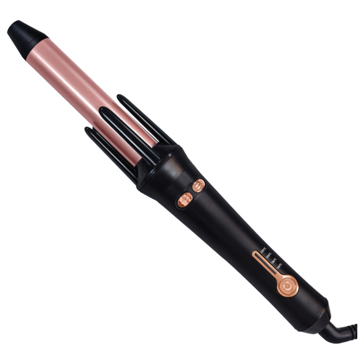 Roségoldener Lockenstab mit schwarzem Griff und Knöpfen, schräg auf Weiß.