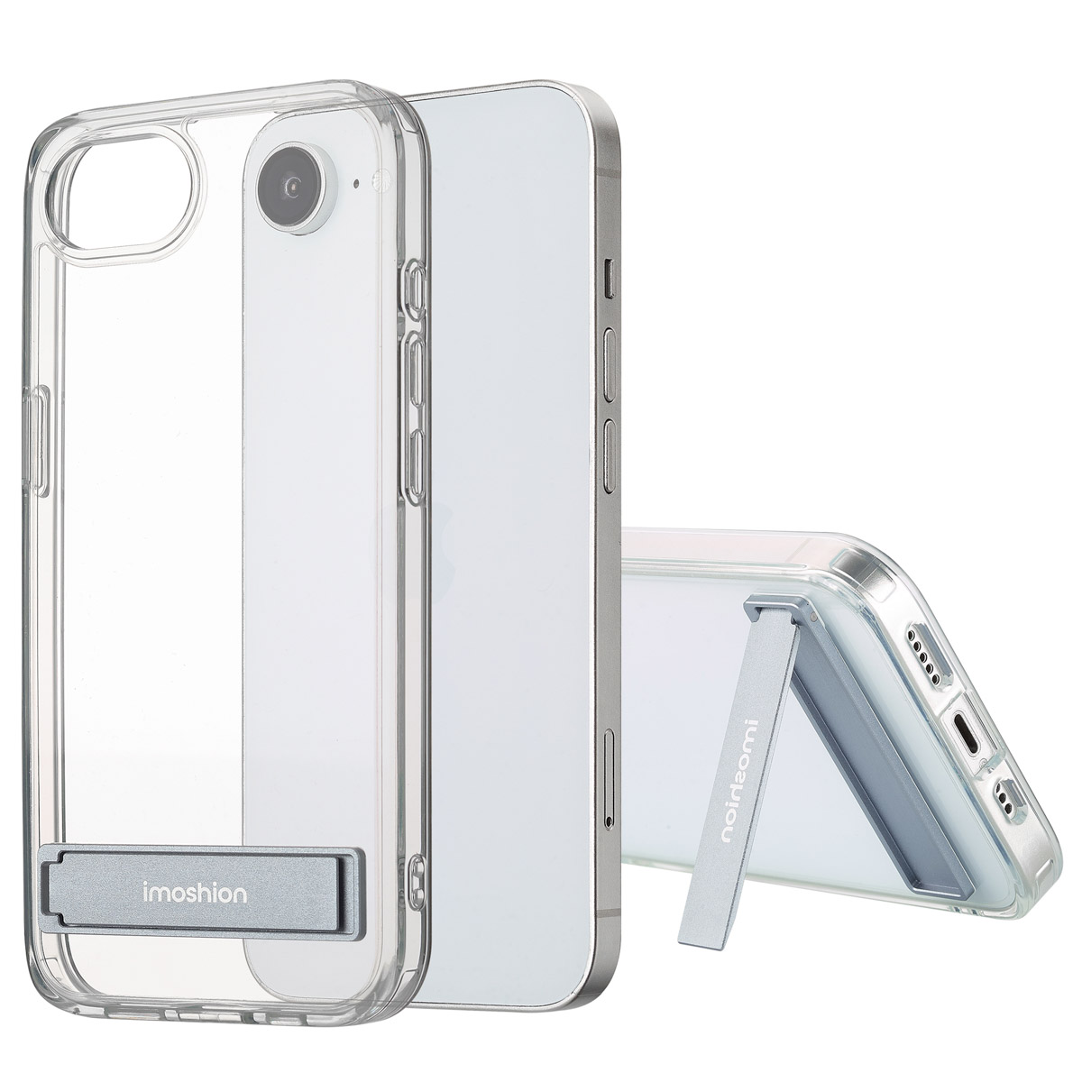 Transparente Handyhülle mit Ständer und weißem Telefon. Der Ständer hat den Markennamen aufgedruckt.