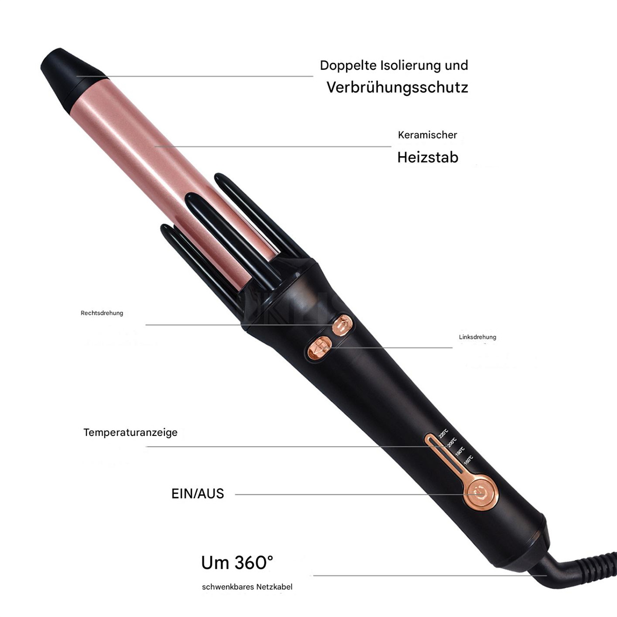 Haarstyler mit roségoldenem Lauf und schwarzem Griff. Beschriftet mit Temperatureinstellungen.