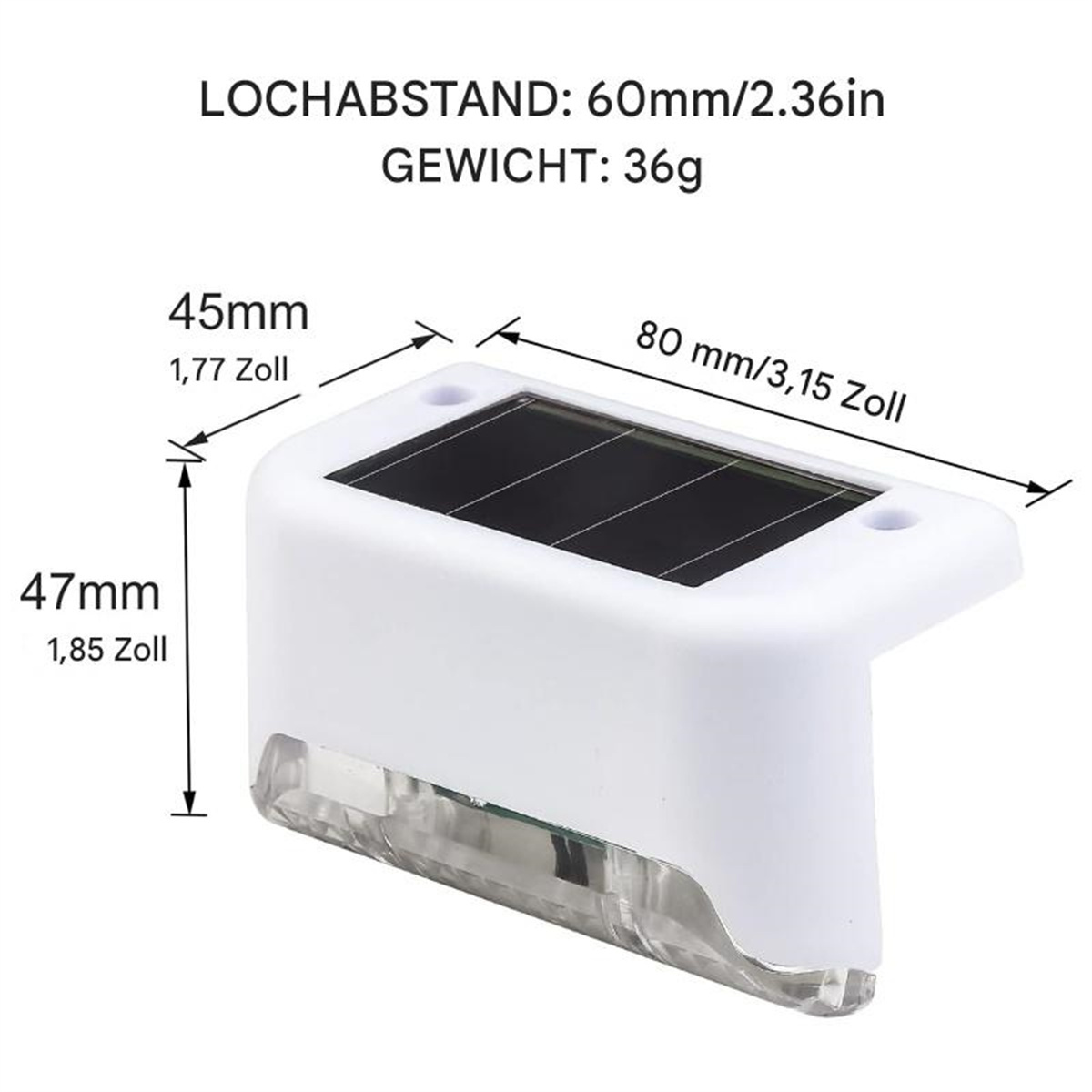 Weißes solarbetriebenes Licht. Es hat Abmessungen und Text. Das Licht hat einen transparenten Boden.