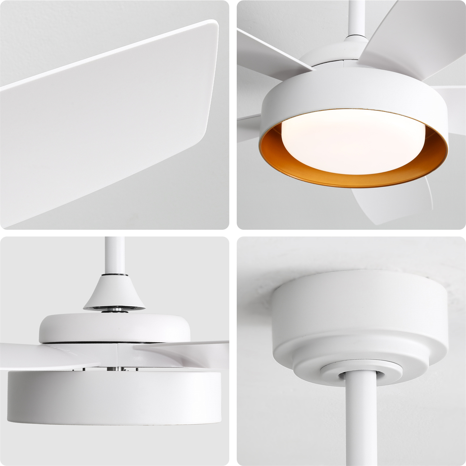 Weißer Deckenventilator, vier Nahaufnahmen: Flügel, Licht und Montage-Details. Licht hat ein Gold-Interieur.