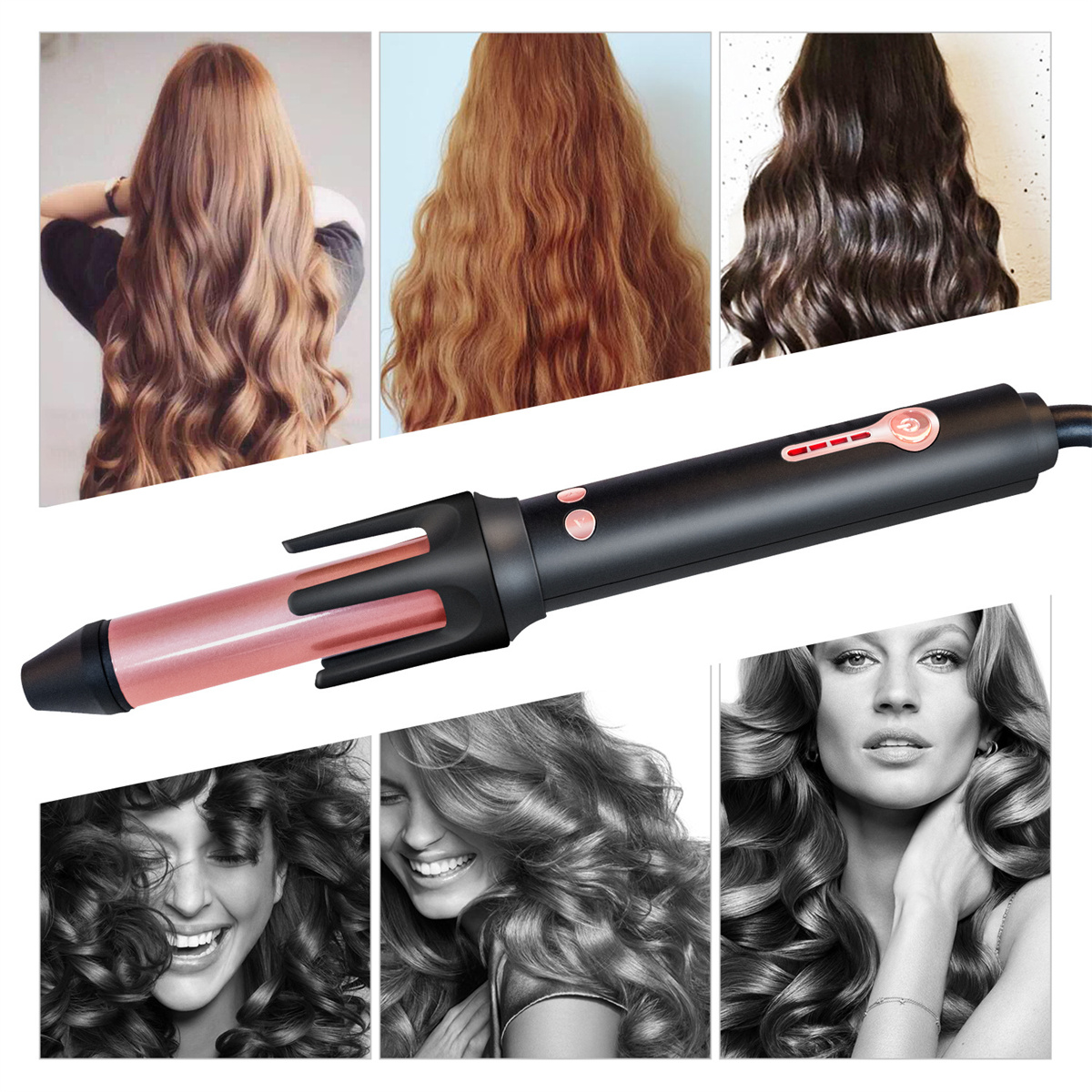 Ein schwarzer und roségoldener Lockenstab. Bilder von Lockenfrisuren werden angezeigt.