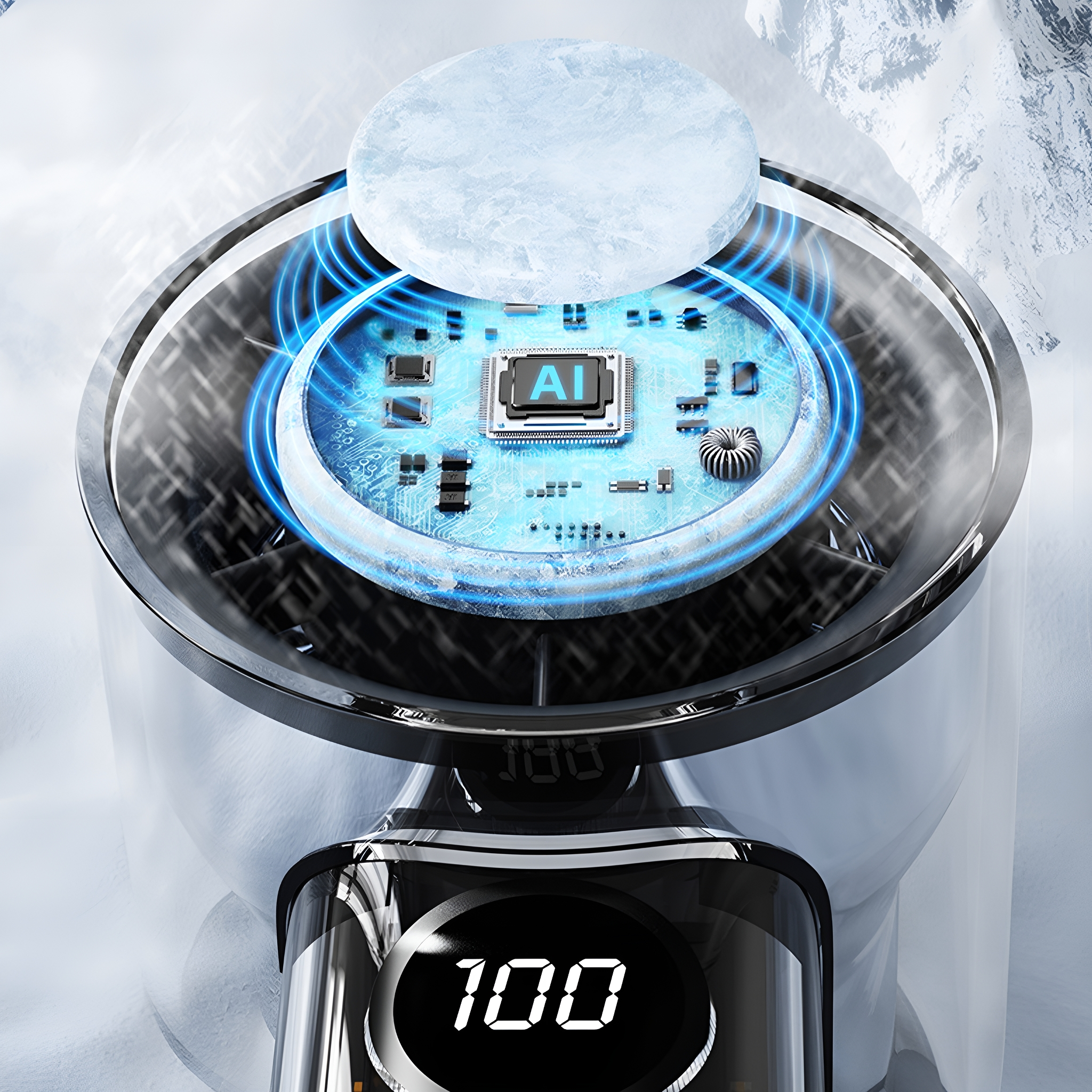 Nahaufnahme eines elektrischen Geräts. Zeigt einen Bildschirm mit 100, einen Prozessor und eine eisartige Form.