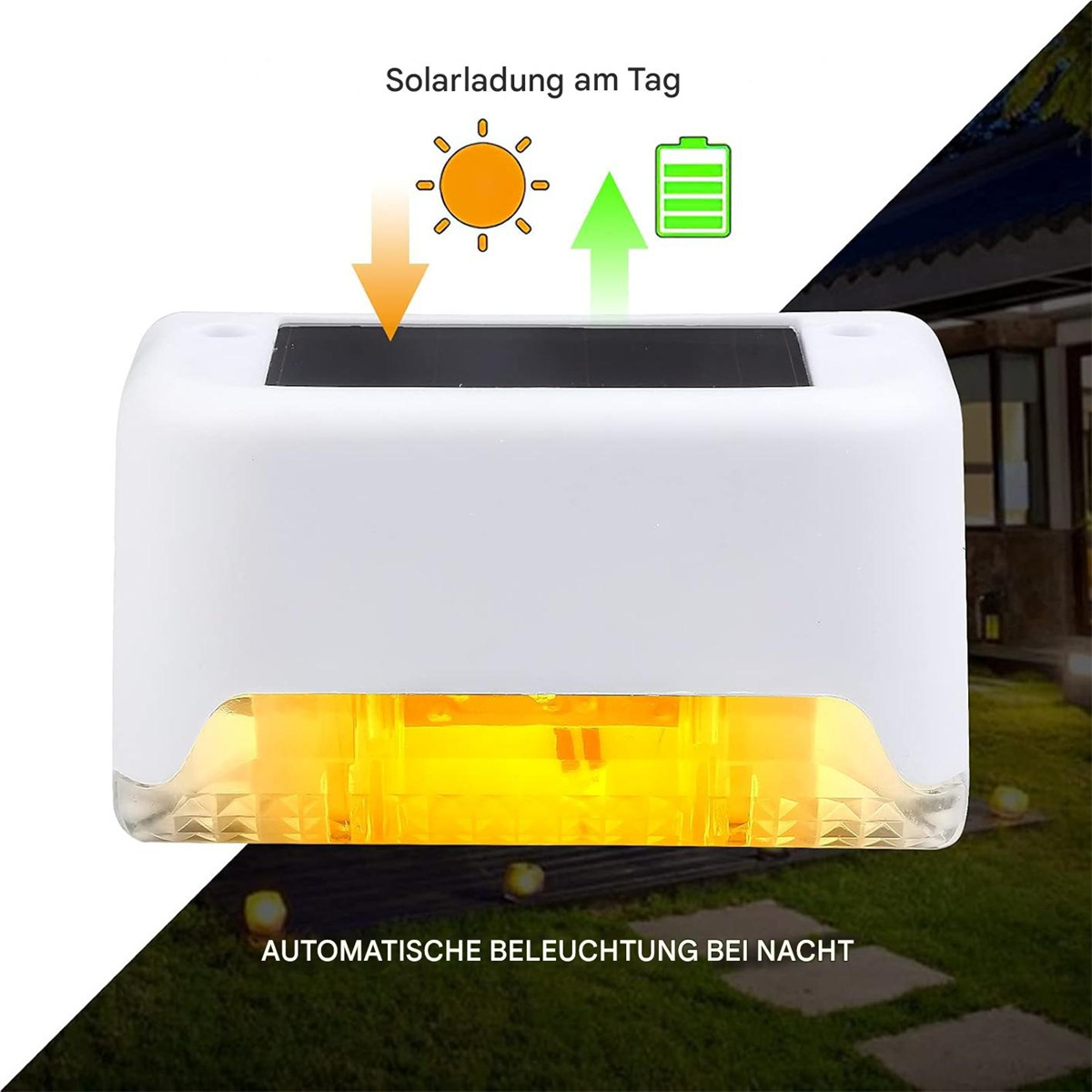 Ein weißes Solarlicht mit Solarpanel, nachts auf einem Rasen platziert.