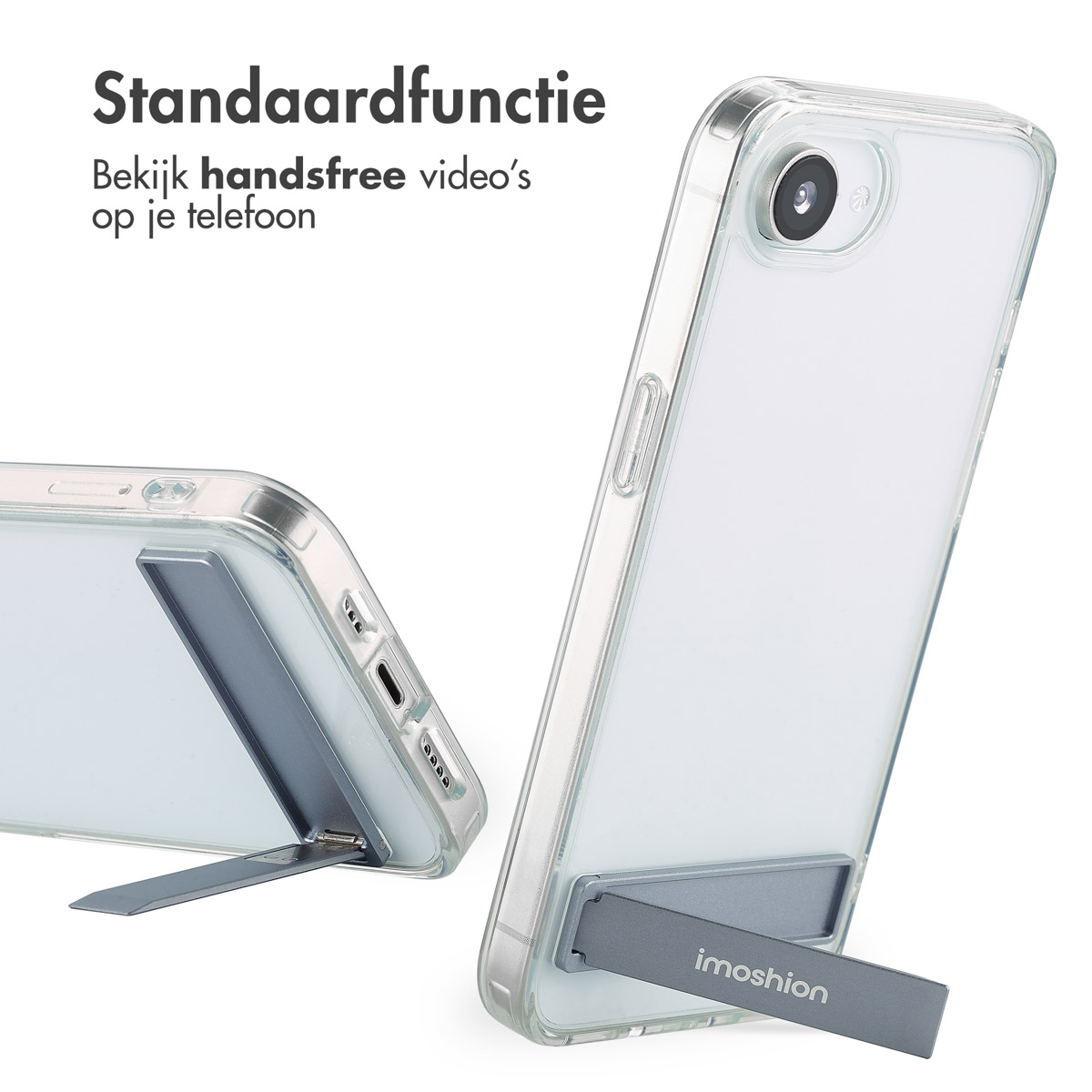 Zwei transparente Handyhüllen mit Telefon, die eine Stützfunktion zeigen. Text auf Niederländisch.