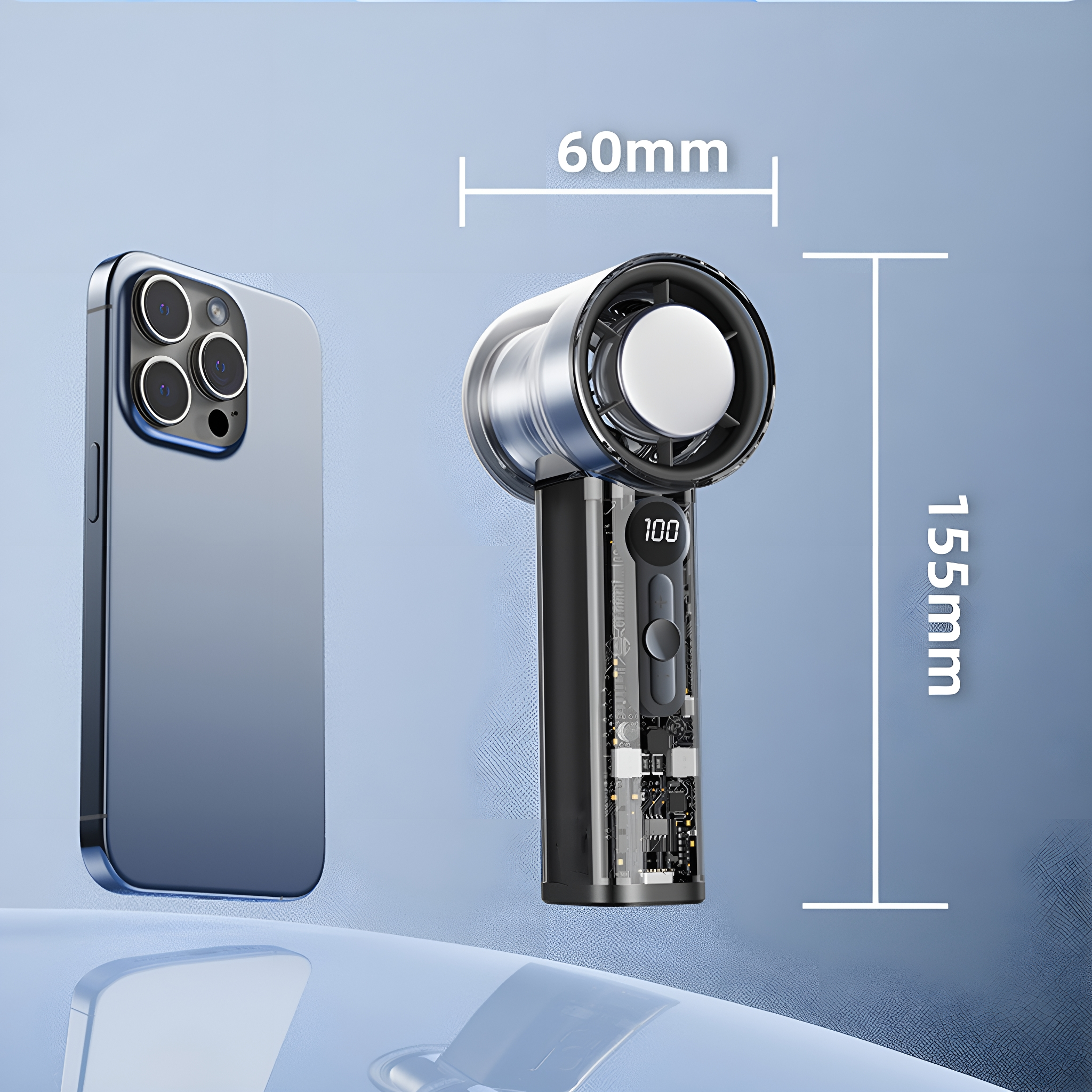 Telefon und Handventilator, Ventilator ist transparent und zeigt Komponenten, mit Abmessungen.
