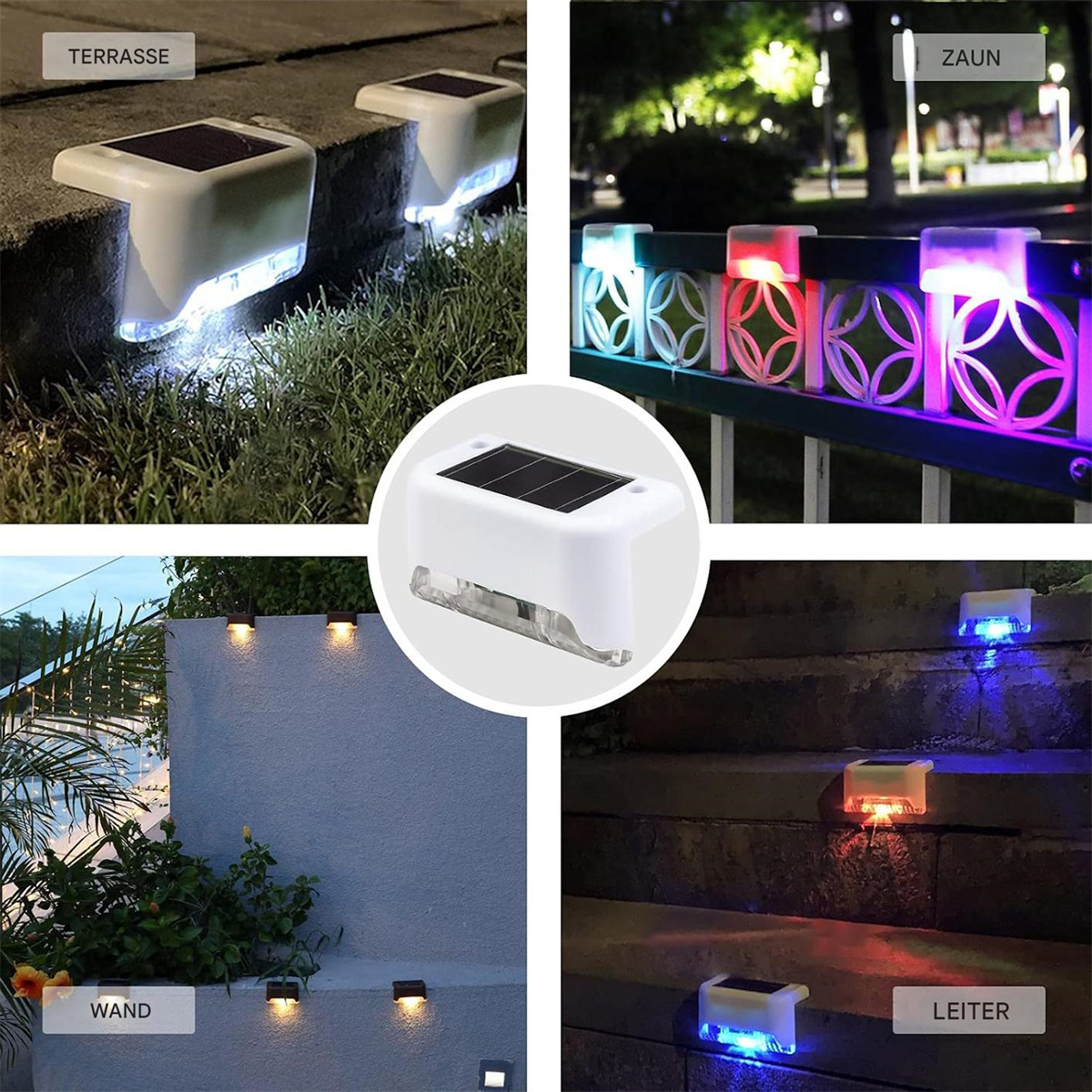 Verschiedene Solarleuchten für den Außenbereich. Verschiedene Designs und Montagearten, mit den Wörtern "Terrasse" und "Zaun".