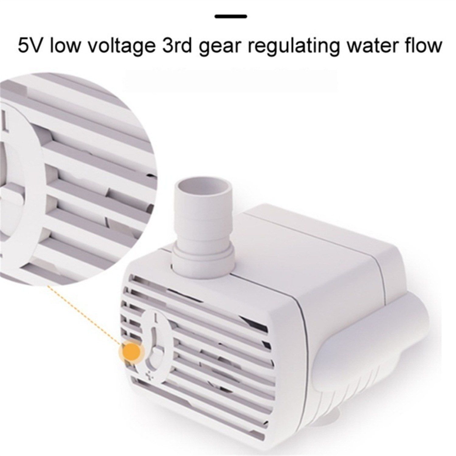 Eine weiße Wasserpumpe mit detaillierter Ansicht der Steuerung, die 5V Niederspannung und die 3. Gangregelung zeigt.