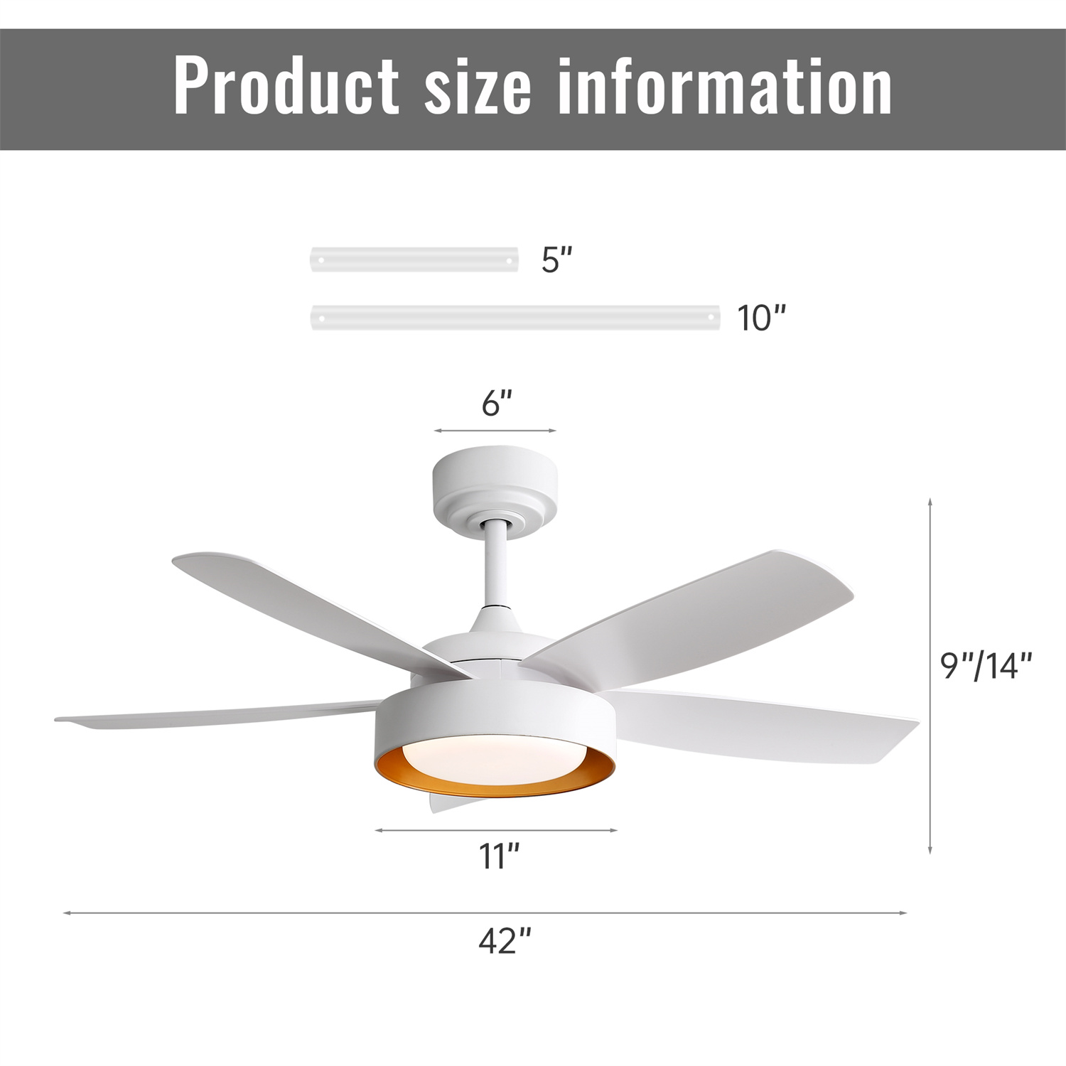 Deckenventilator mit Abmessungen. Weißer Deckenventilator mit Größenangaben.