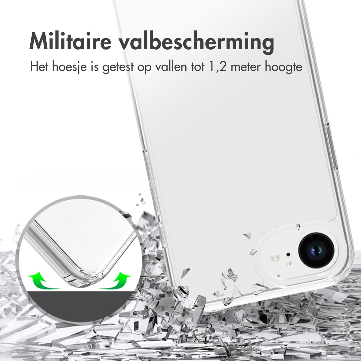 Una custodia trasparente per telefono con una protezione dello schermo rotta su una superficie con pezzi rotti.