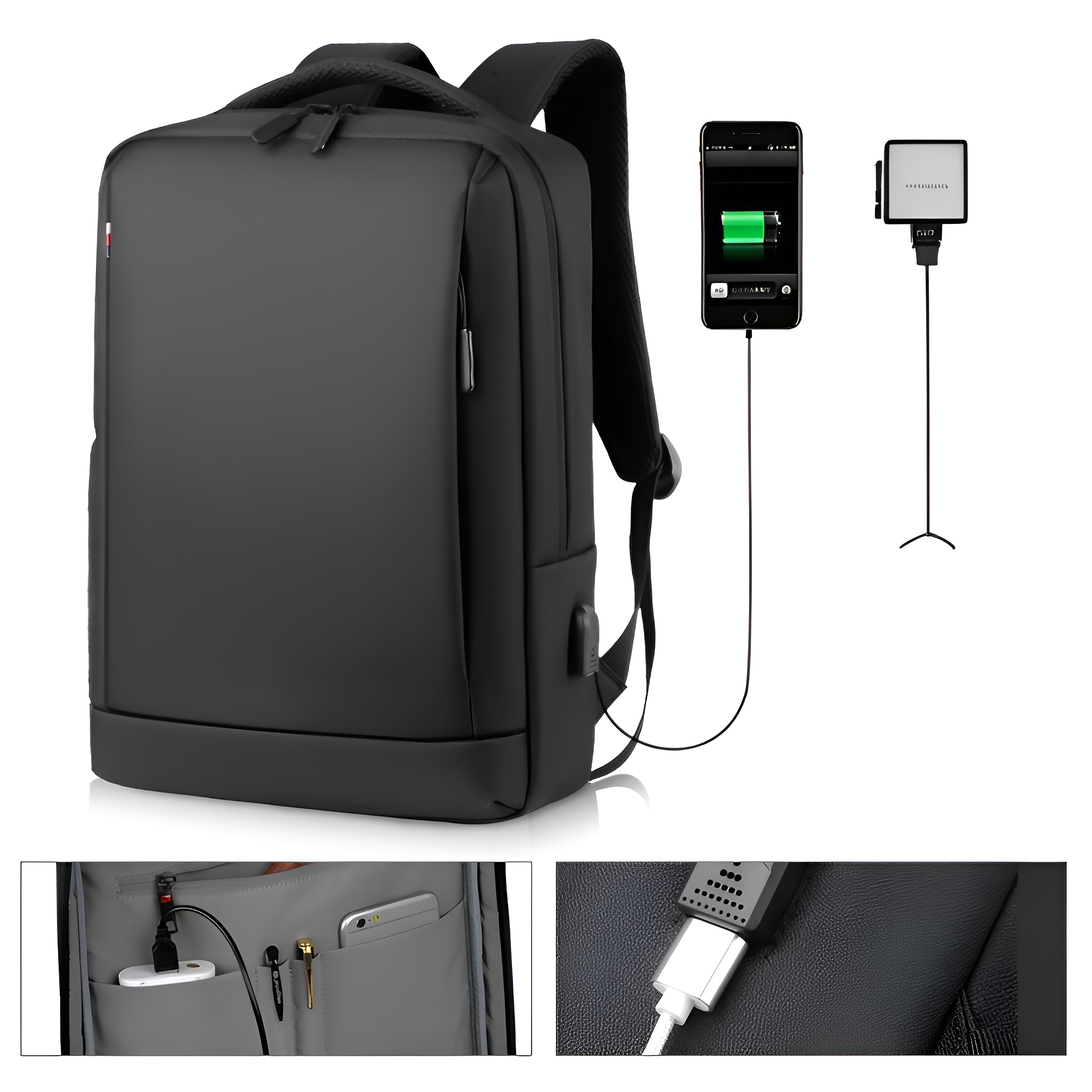 Schwarzer Rucksack mit Ladekabel. Ein Telefon wird geladen. Details der Innenfächer.
