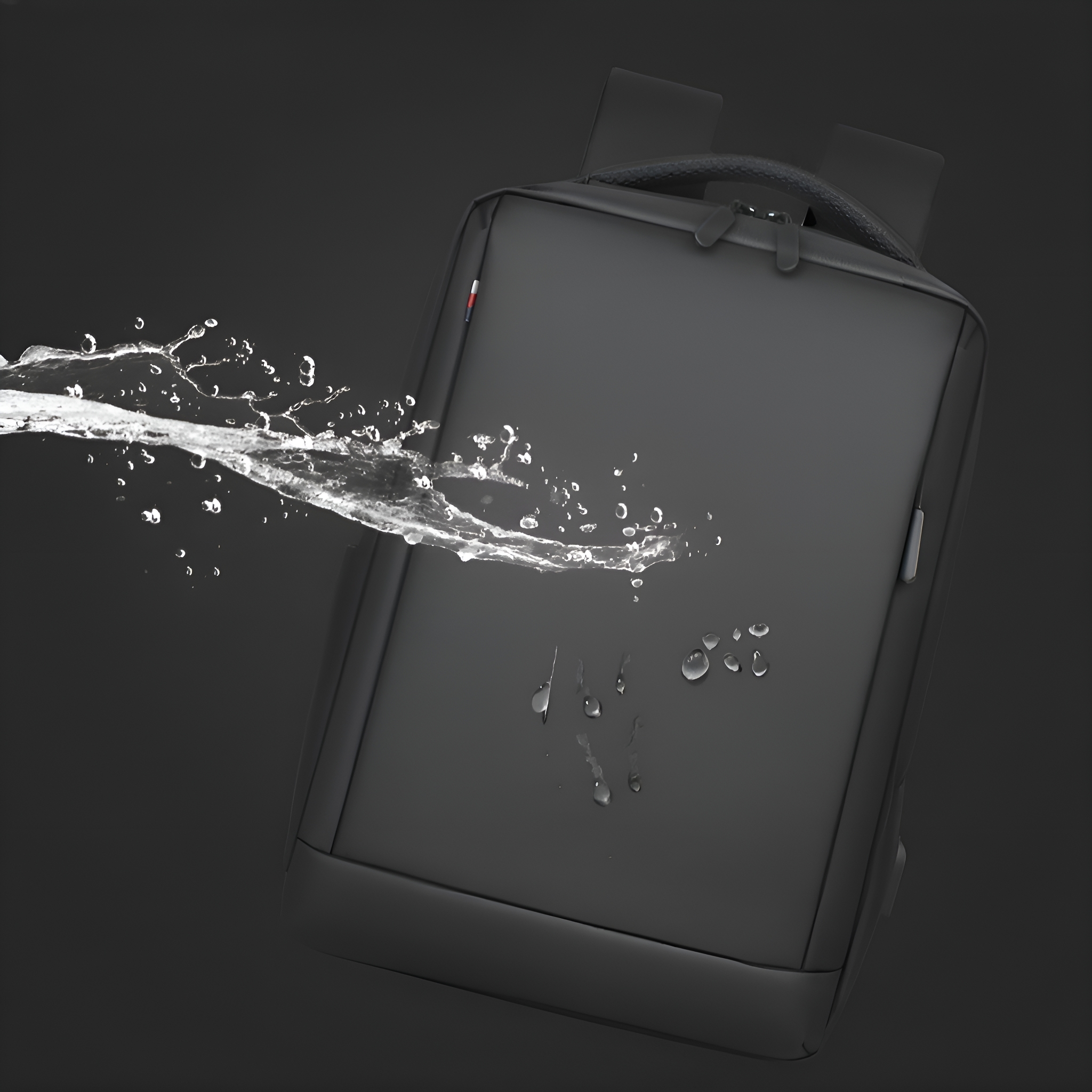 Ein schwarzer, wasserdichter Rucksack mit Wasserspritzern vor dunklem Hintergrund.