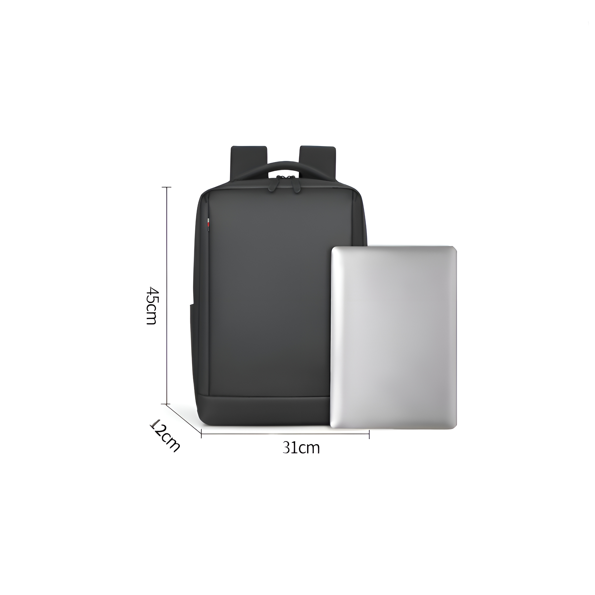 Schwarzer Rucksack mit einem Laptop daneben. Abmessungen: 45 cm hoch, 12 cm breit und 31 cm lang.