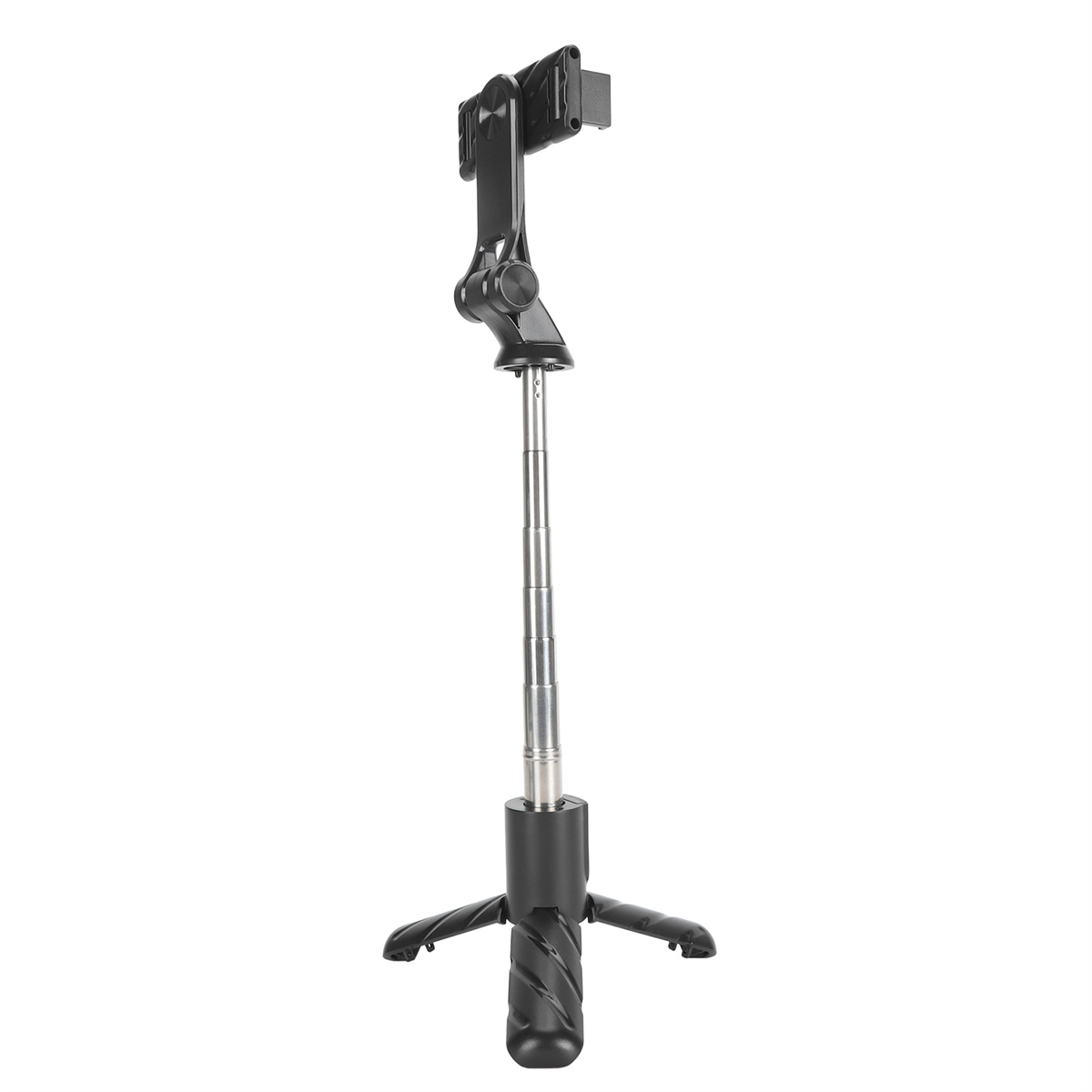 Ein schwarzer Selfie-Stick mit Handyhalterung, voll ausgezogen.