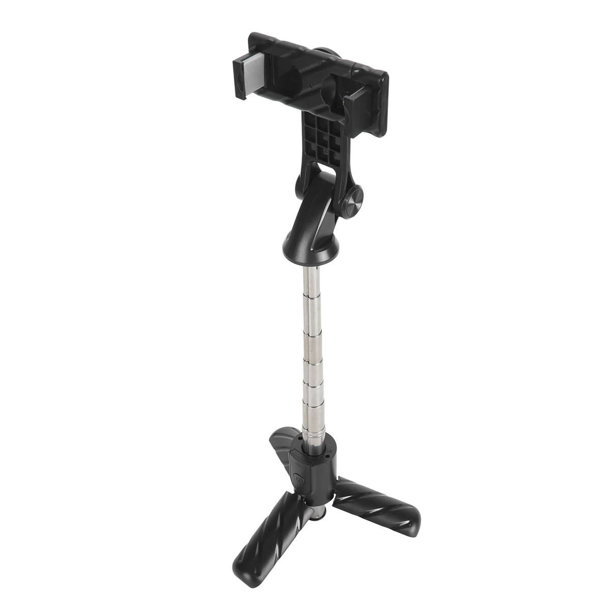 Schwarzer Stativ-Selfie-Stick ausgezogen, mit Telefonhalter auf weißem Hintergrund.