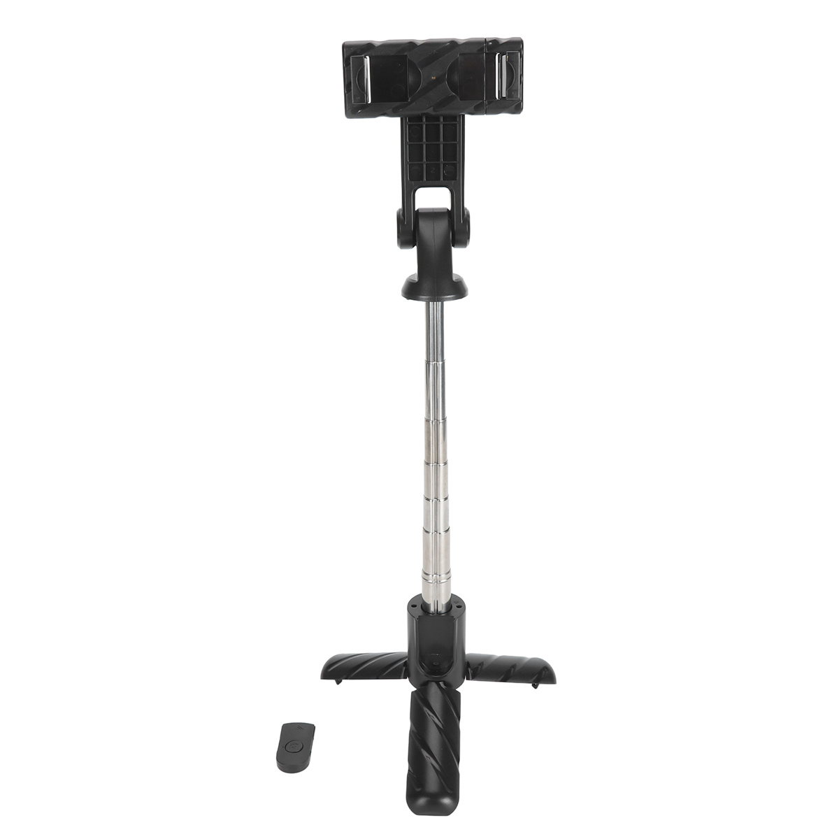 Ein schwarzer Selfie-Stick mit einer Telefonhalterung und einer Fernbedienung. Der Fuß hat eine Stativform.